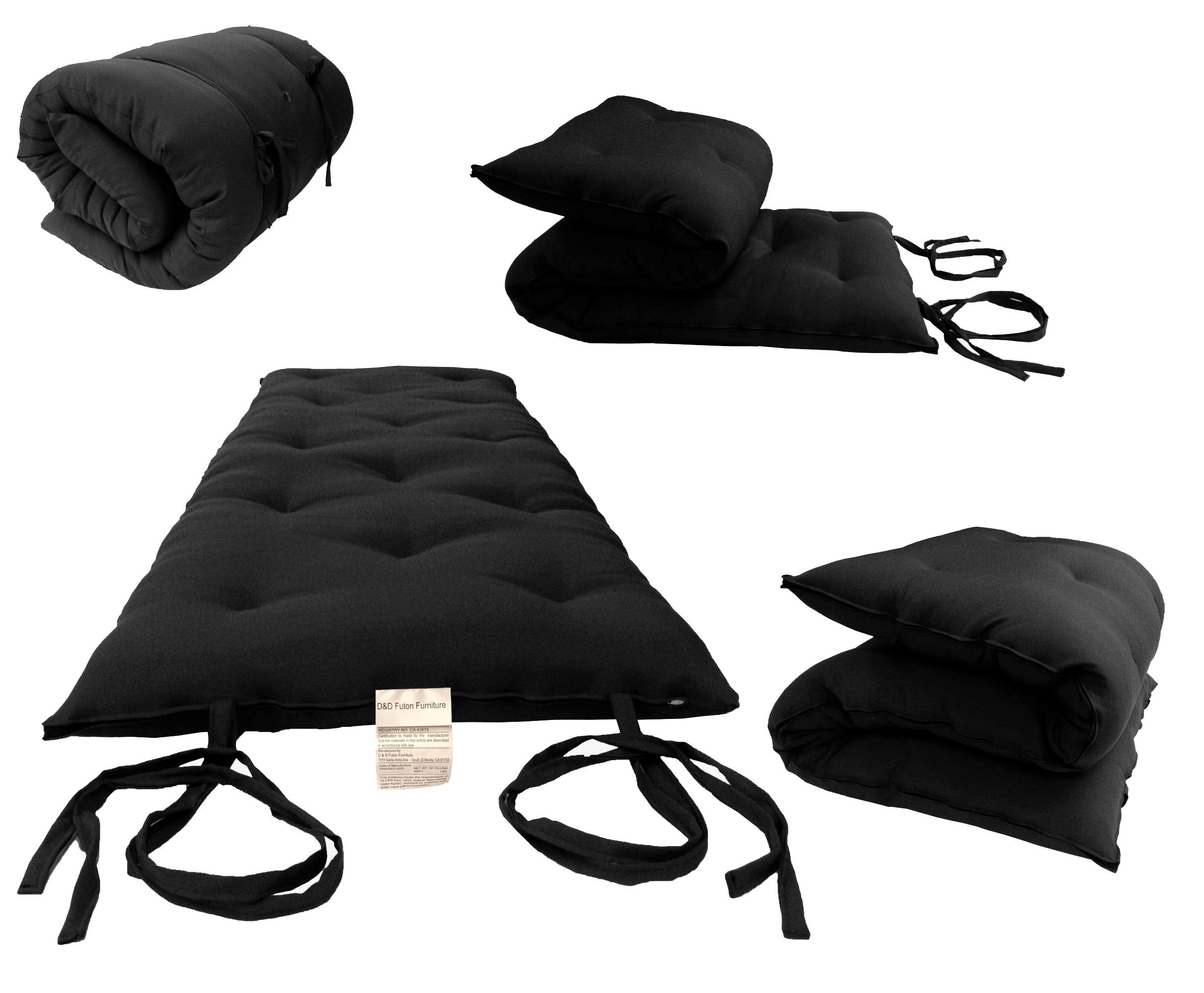 D&D Futon Furniture Cotton/Foam Floor Rolling Futon Mattresses, Yoga Meditation Mats, Black (Twin 3 X 39 X 80)