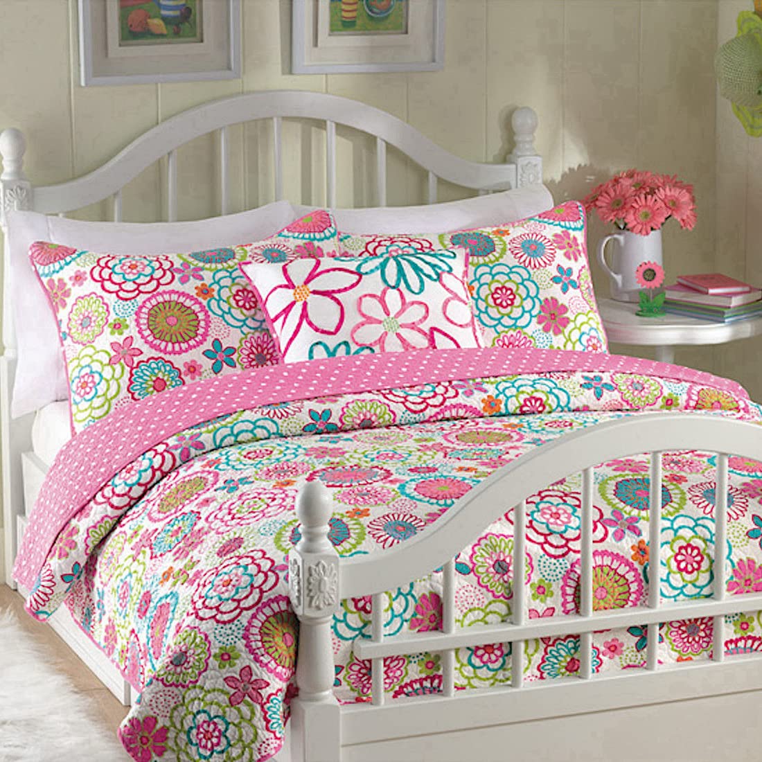 Cozy Line Home Fashions Pink Floral Polka Dot Colorful Reversible Quilt Bedding Set, Coverlet, Bedspreads For Girls (Mariah, Twi