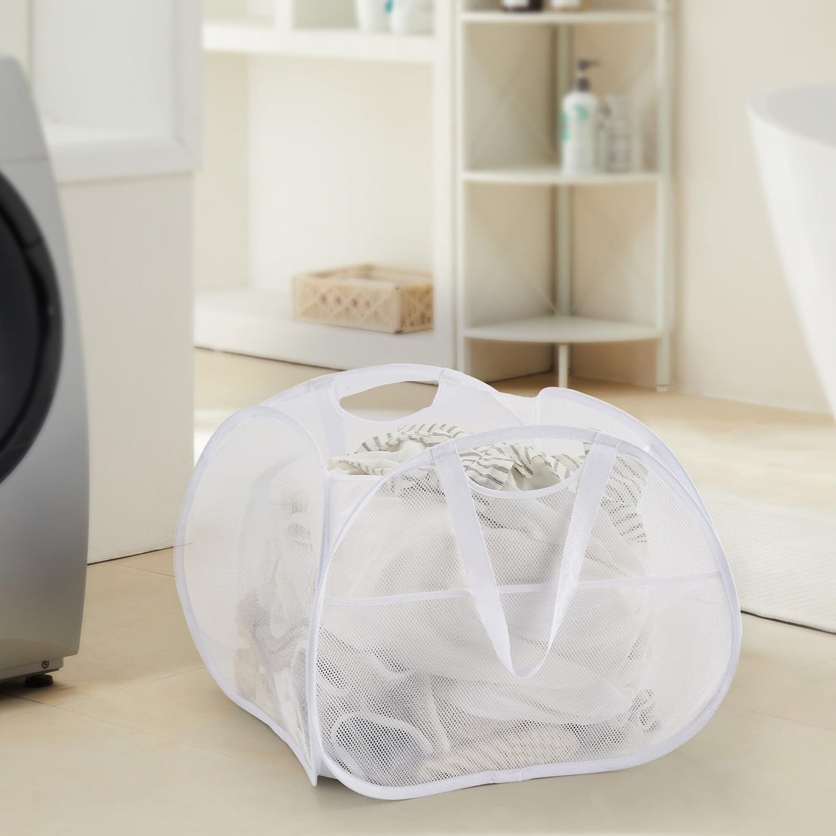 TECHMILLY Collapsible Mesh Pop Up Laundry Hamper with Strong Handles, Large Opening Clothes Hamper with Side Pockets, Storage Ba