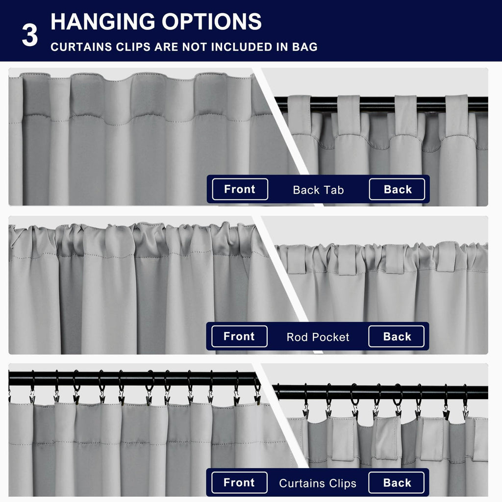Hiasan Sliver Grey Curtains 45 Inch Long, Light Blocking Thermal Insulated Rod Pocket & Back Tab Blackout Drapes Sewn With Tieba
