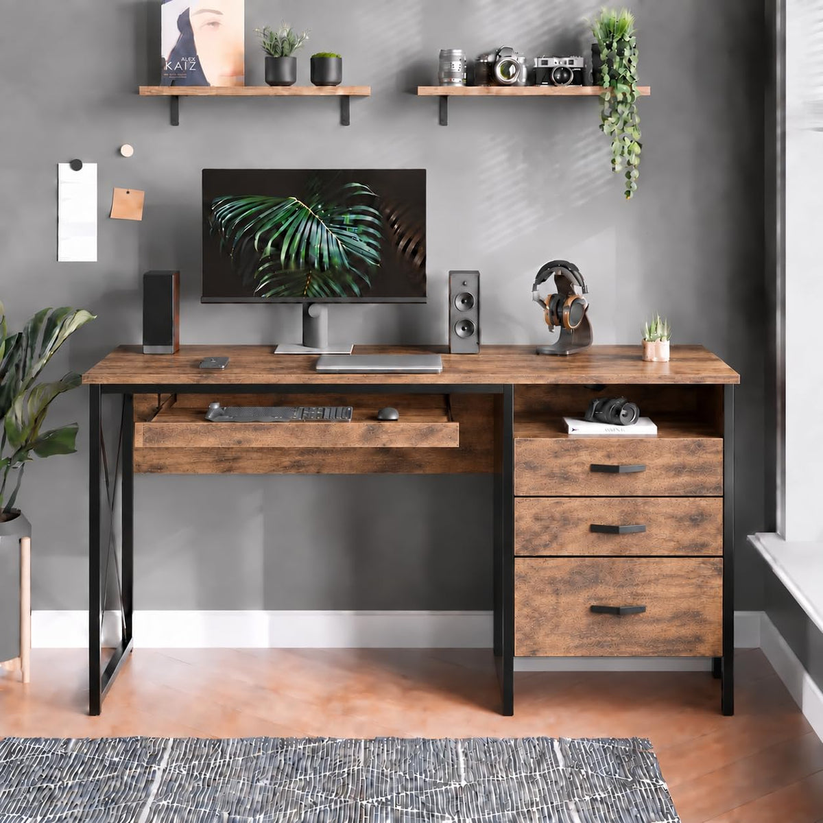 Tekavo Office Table With 3 Drawer Storage + Keyboard Tray | Computer Table For Home Workstation Pc | Modern Work Desk (Brown Woo