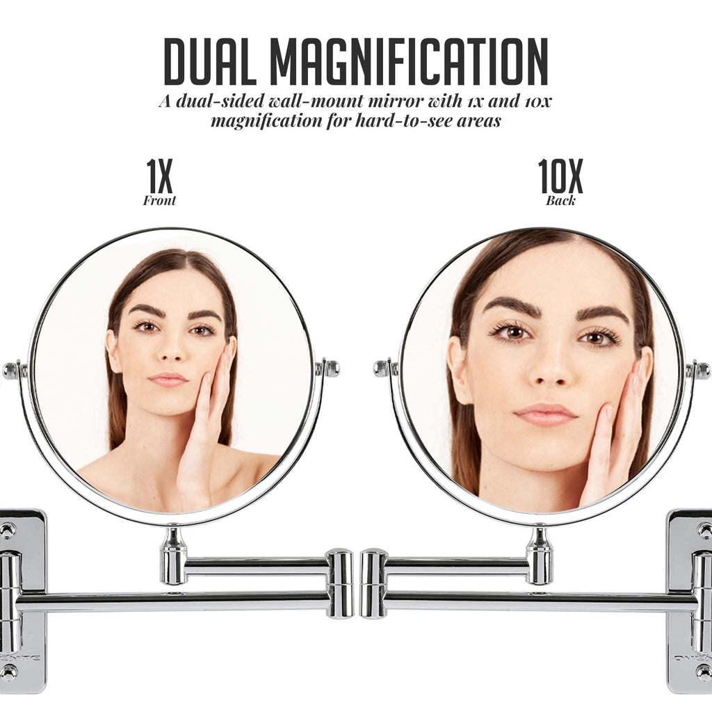 Ovente 7' Wall Mount Makeup Mirror, 1X & 10X Magnifier, Adjustable Spinning Double Sided Round Reflection, Extend, Retractable