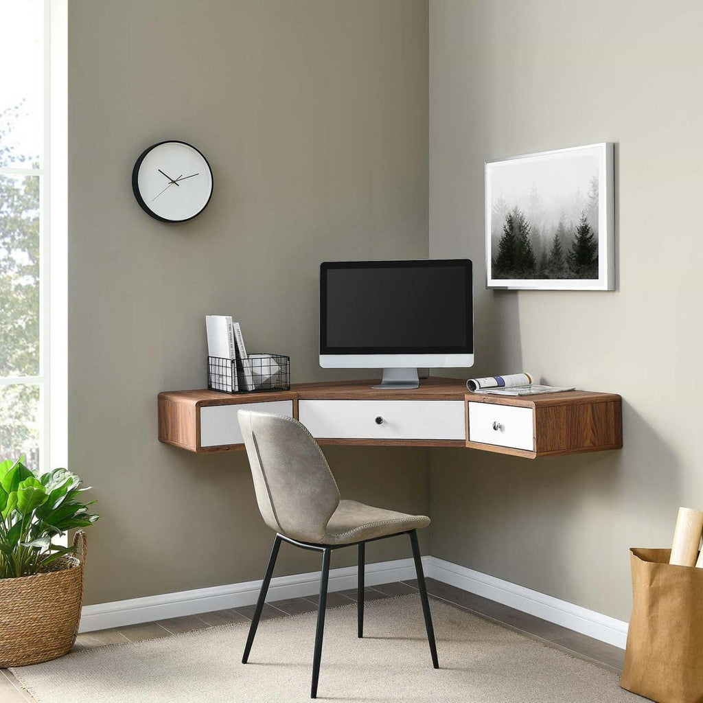 Modway Transmit 47" Wall Mount Corner Wood Office Desk in Walnut/White