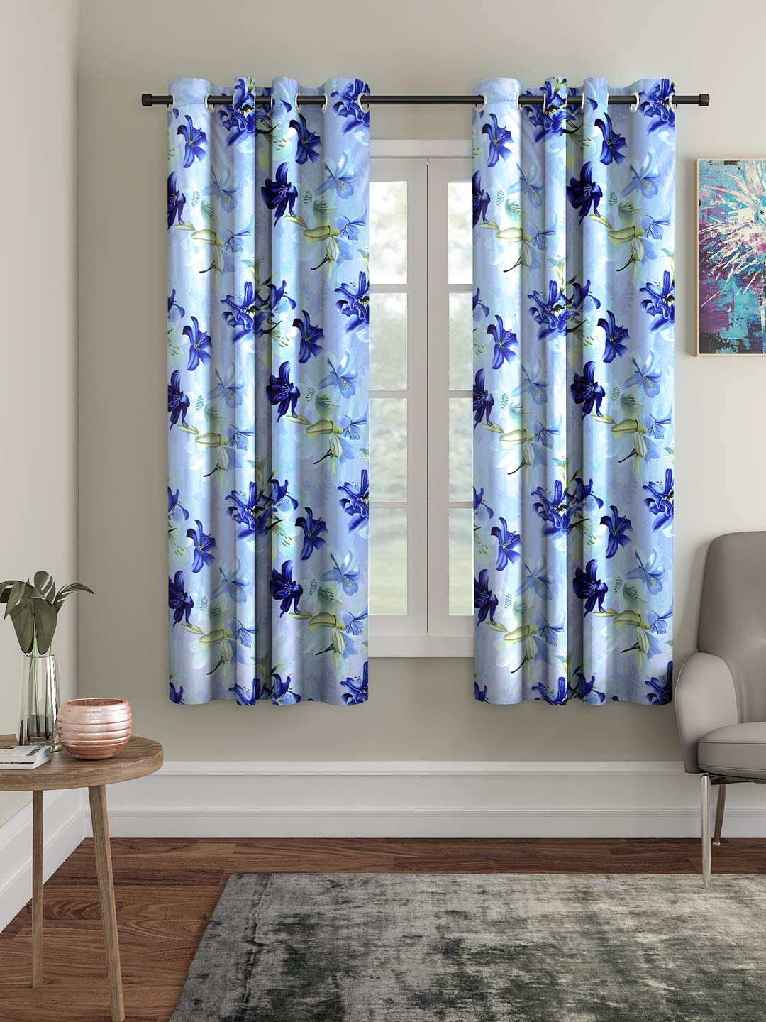 Home Sizzler 2 Pieces 3D Flower Eyelet Polyester Window Opaque Curtains  5 Feet, Blue