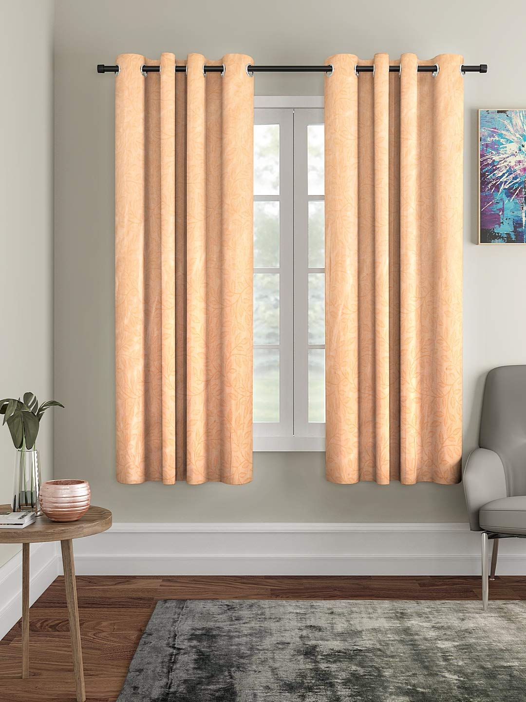 Cortina 2 Piece Leaf Design Panel Eyelet Polyester Window Curtains  5 Feet, Beige