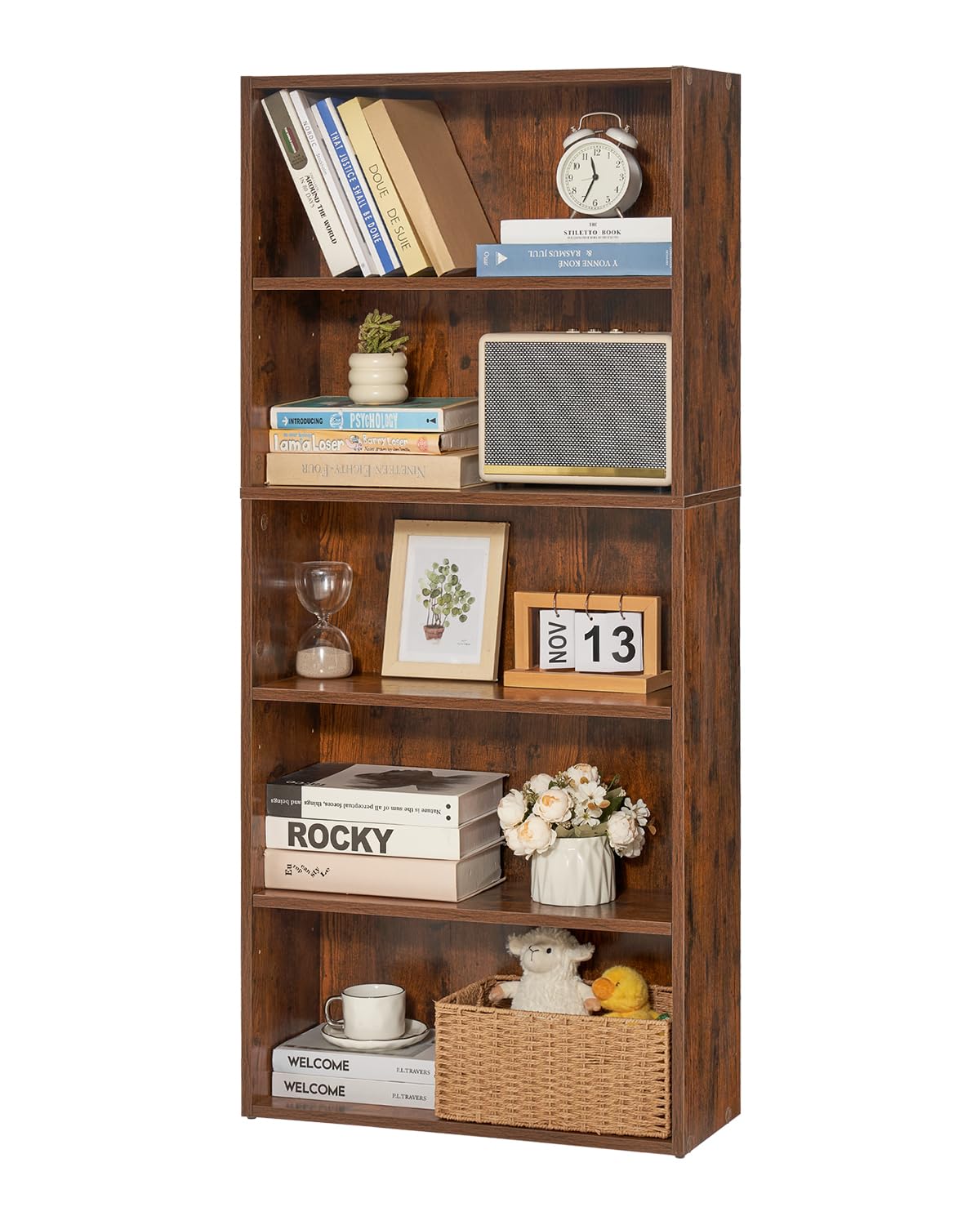VEVOR 5 Tiers Narrow Bookshelf, 53 in Wooden Open Bookcase with Height-Adjustable Shelf, Freestanding Tall Display Storage Floor