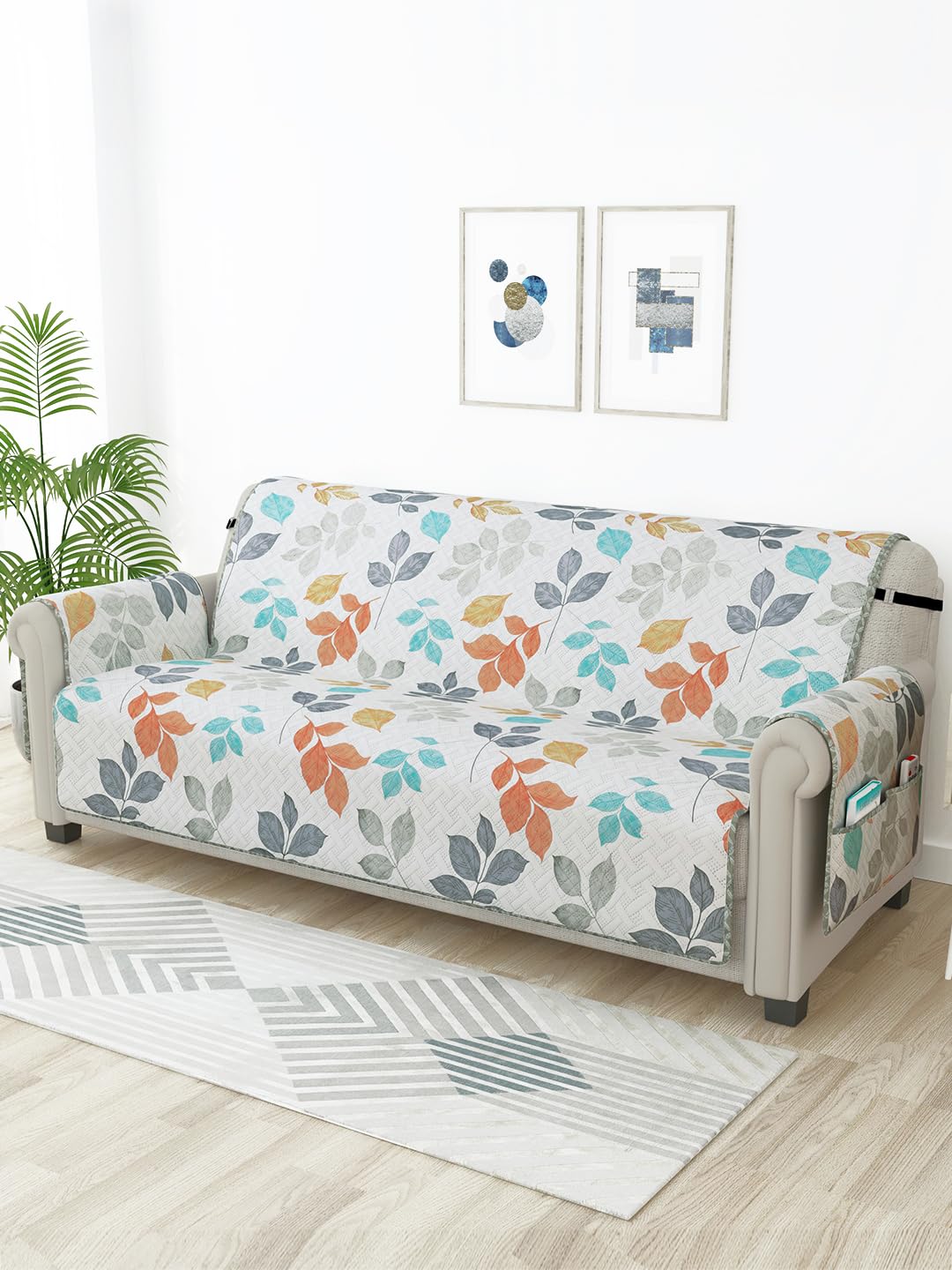 Story@Home Quilted Sofa Cover 4 Seater Fully Covered 120X175Cm Stretchable Microfiber Sofa Cover 4 Seater White & Grey Leaf Desi