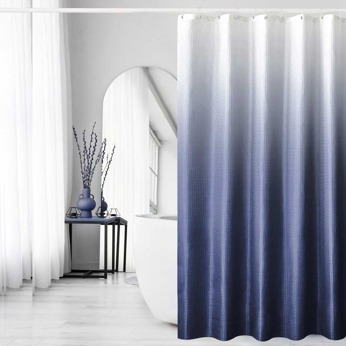 Gibelle Waffle Weave Ombre Fabric Shower Curtain Navy Blue Bathroom Decor Accessories Set with Hooks, Water Repellent and Machin