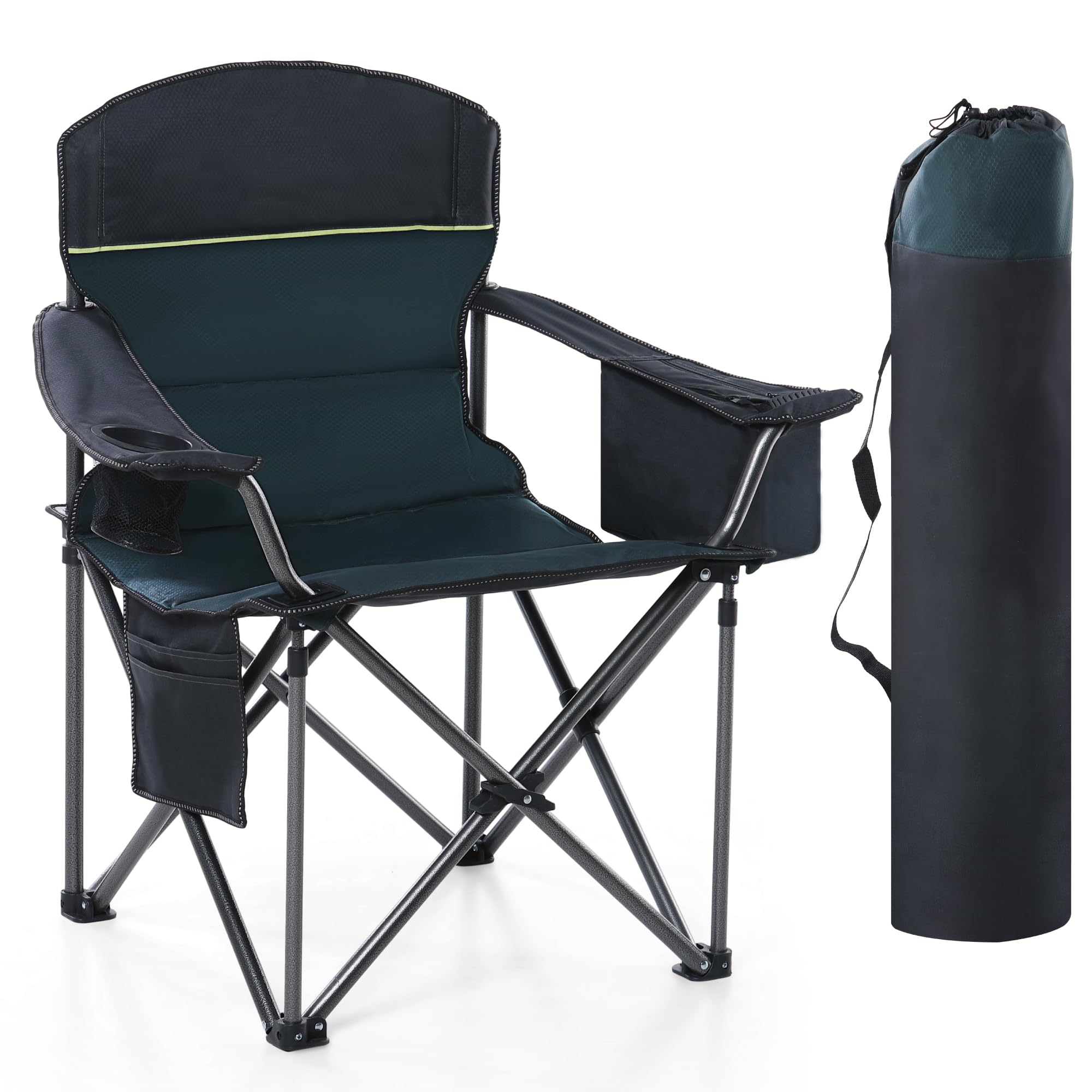 High Point Sports Camping Folding Chair, Heavy Duty Oversized Portable Outdoor Chair, Foldable Camp Chair With Cup Holder And Cooler Bag Support 450 Lbs, Green…