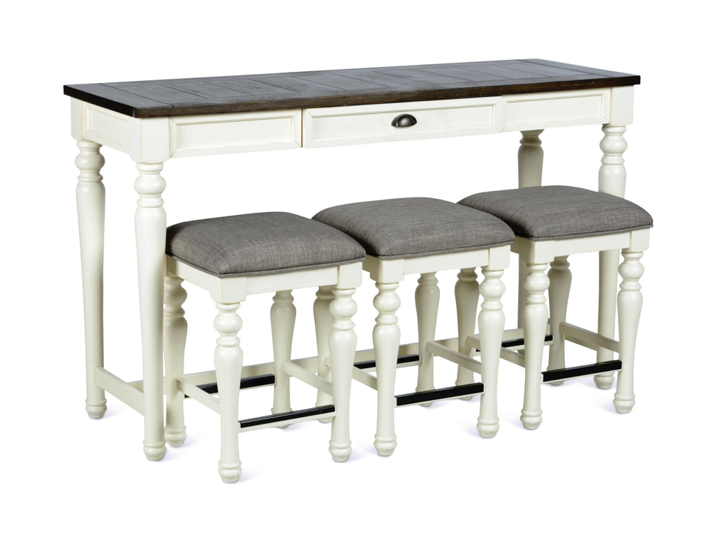 Steve Silver Furniture Joanna Sofa Bar 4PC Set, 36.5-Inch Table Height, Farmhouse Design, Living Room, Dining/Kitchen Table, Small Space, Three Counter Stools, 60" W x 20" D x 36" H, White