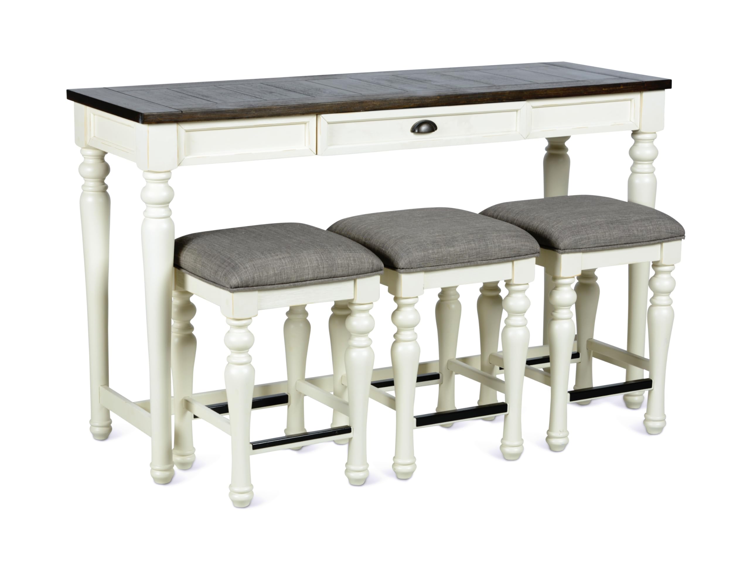 Steve Silver Furniture Joanna Sofa Bar 4PC Set, 36.5-Inch Table Height, Farmhouse Design, Living Room, Dining/Kitchen Table, Small Space, Three Counter Stools, 60" W x 20" D x 36" H, White