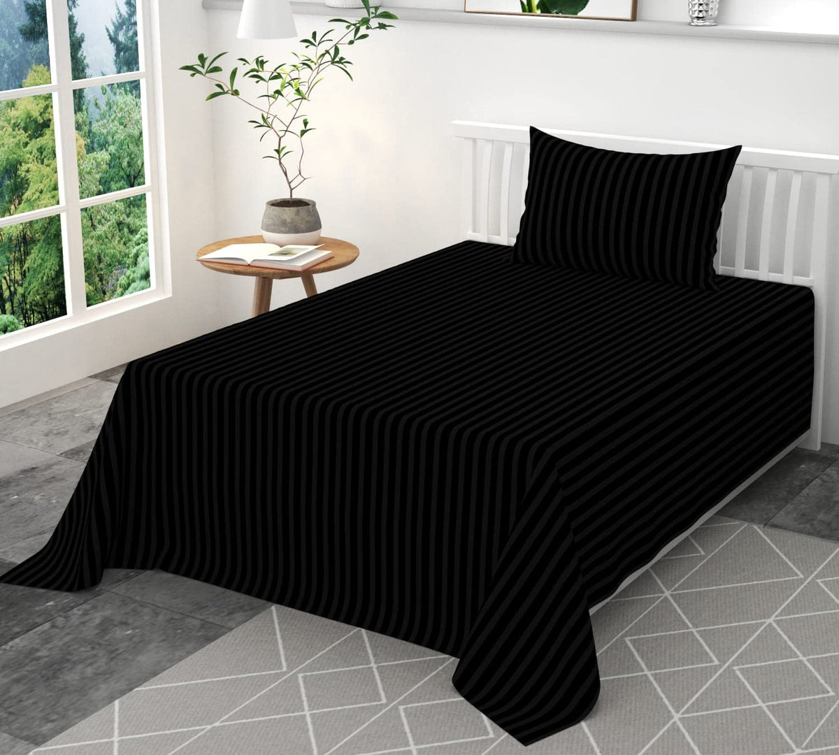 Femfairy Creation 300 TC Glace Cotton Plain Stripe Single Bedsheet with 1 Pillow Cover (60 X 90) InchBlack