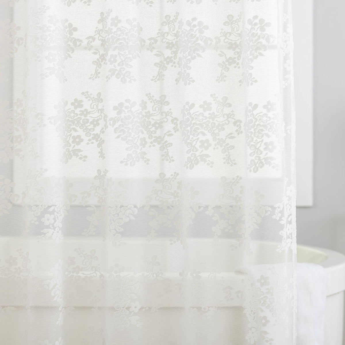 Tudeco Ivory Lace Shower Curtain With Attached Valance, Knitted Rustic Vintage Floral Shower Curtain For Bathroom, Scalloped Edg