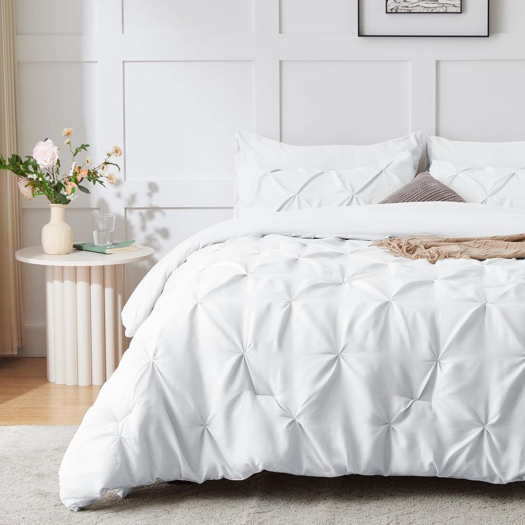 Himeet White Queen Comforter Set 7 Pieces White Queen Comforter(88''X88'') Pintuck White Comforter Set Pinch Pleat White Comfort