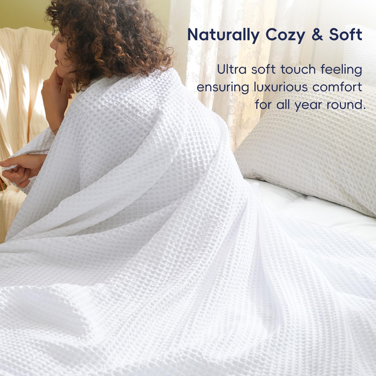 Phf Ultra Soft Waffle Weave Throw Blanket 50'X 60'- Washed Lightweight Breathable Cozy Woven Blanket For Bed - Aesthetic Decor For Couch Bedding Sofa Home Car - White