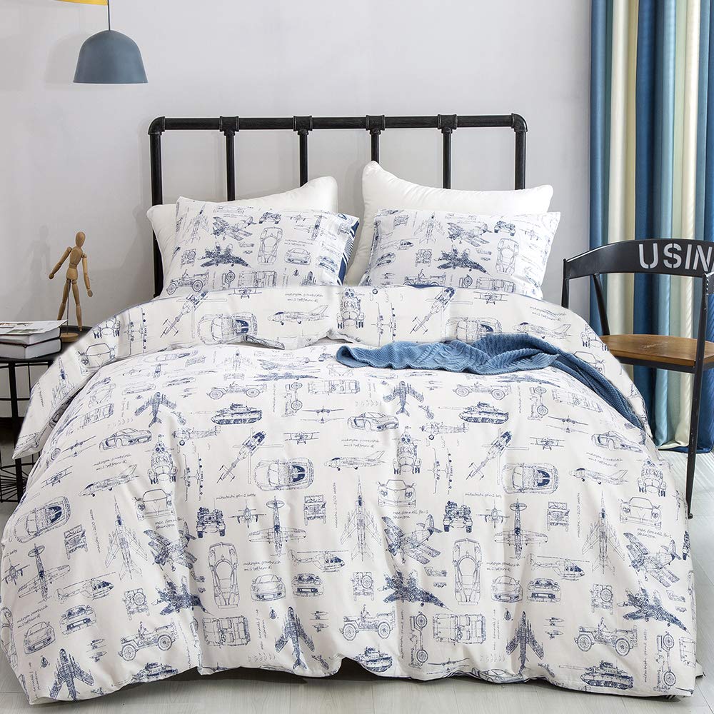 Clothknow Kids Twin Comforter Set 3Pcs Blue White Cars Bedding Comforter Sets Cartoon Comforter Toddler Comforter Twin Tank Airc