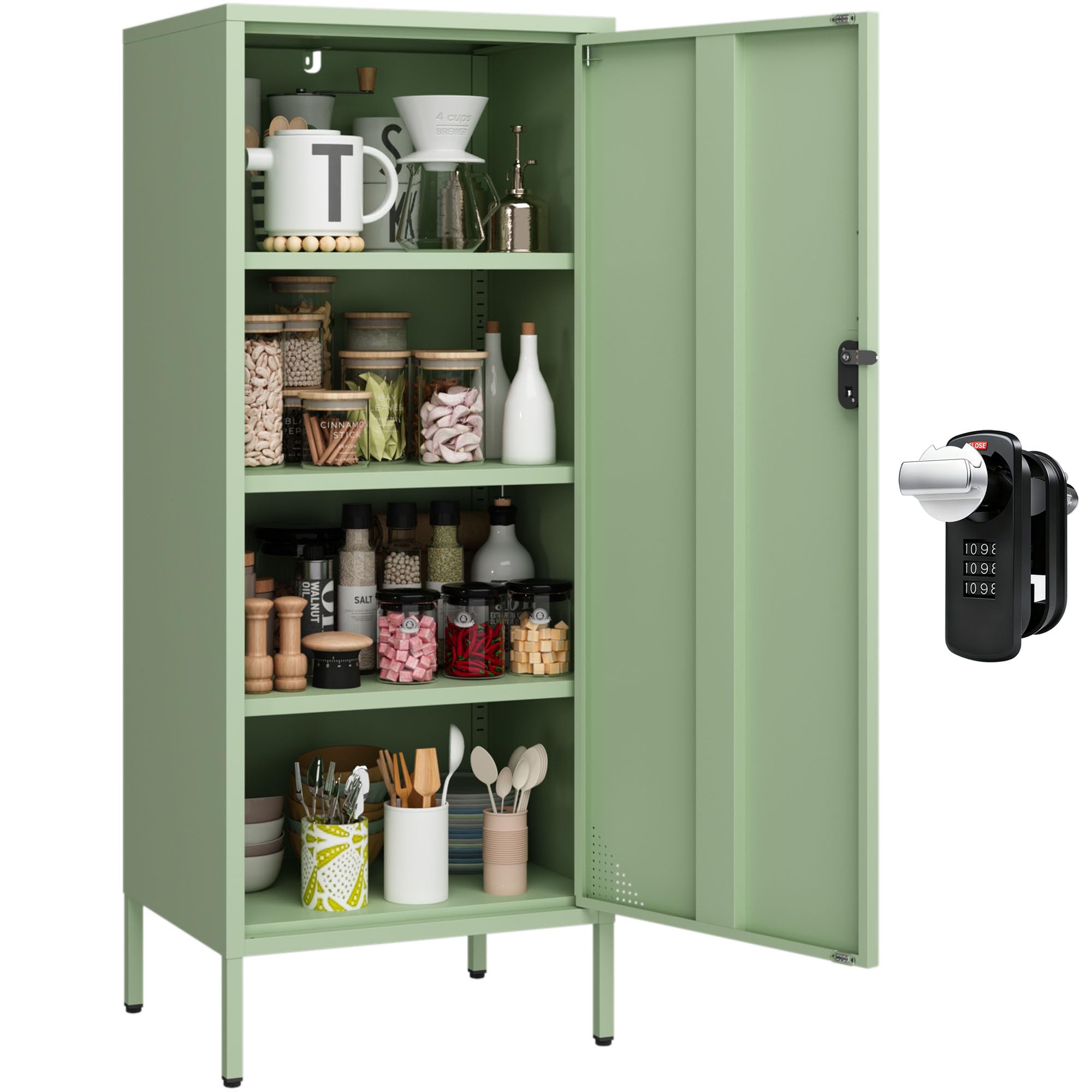 Steehoom Metal Cabinet Lockable Filling Cabinet Bathroom Storage Cabinet with 4 Tier Adjustable Shelves Green Locker for Home, S