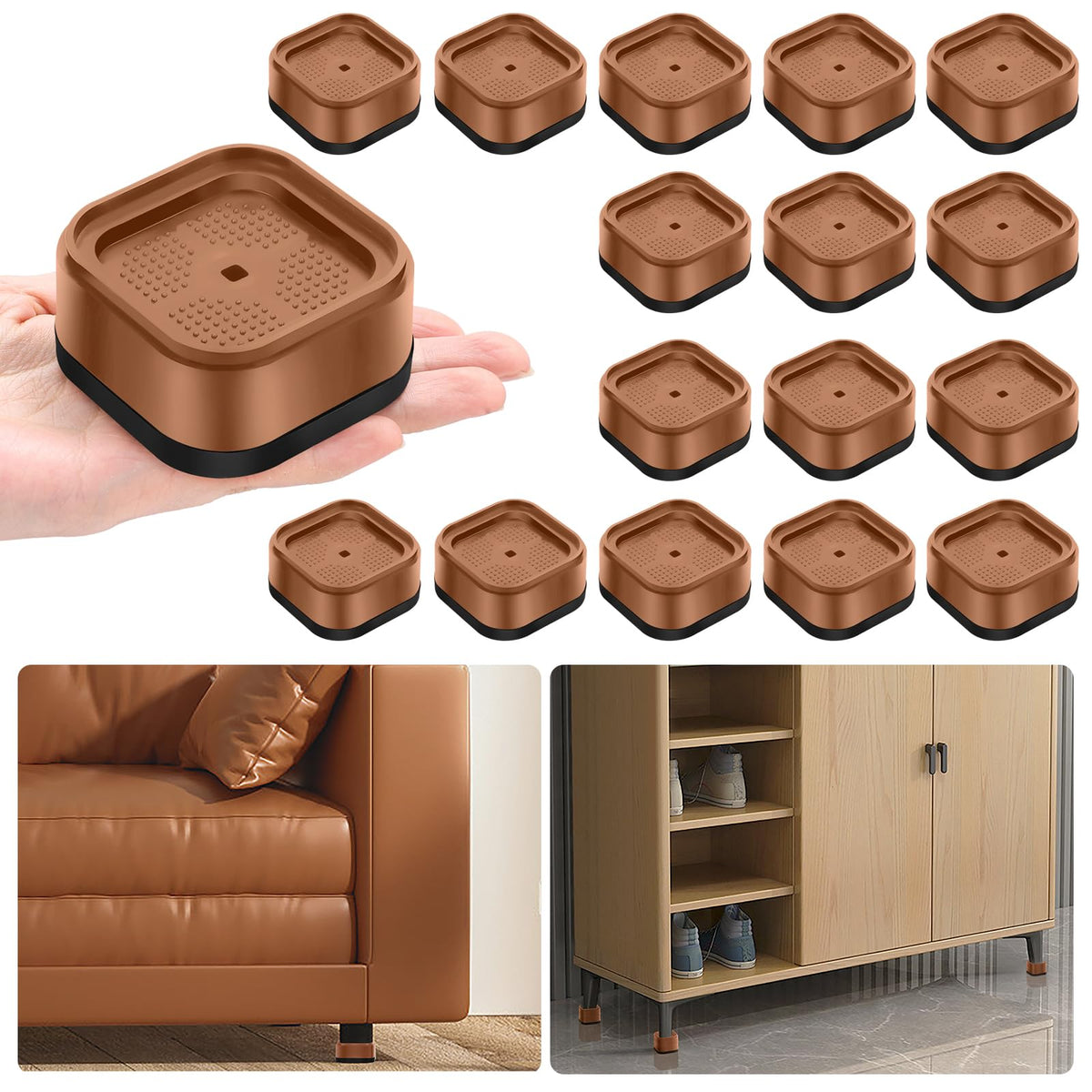 Shouwuhho 16 Pack Furniture Risers Adjustable Bed Risers Heavy Duty Lifts Height 1'', Square Stackable Bed Risers 1, 2 Or 3 Inch