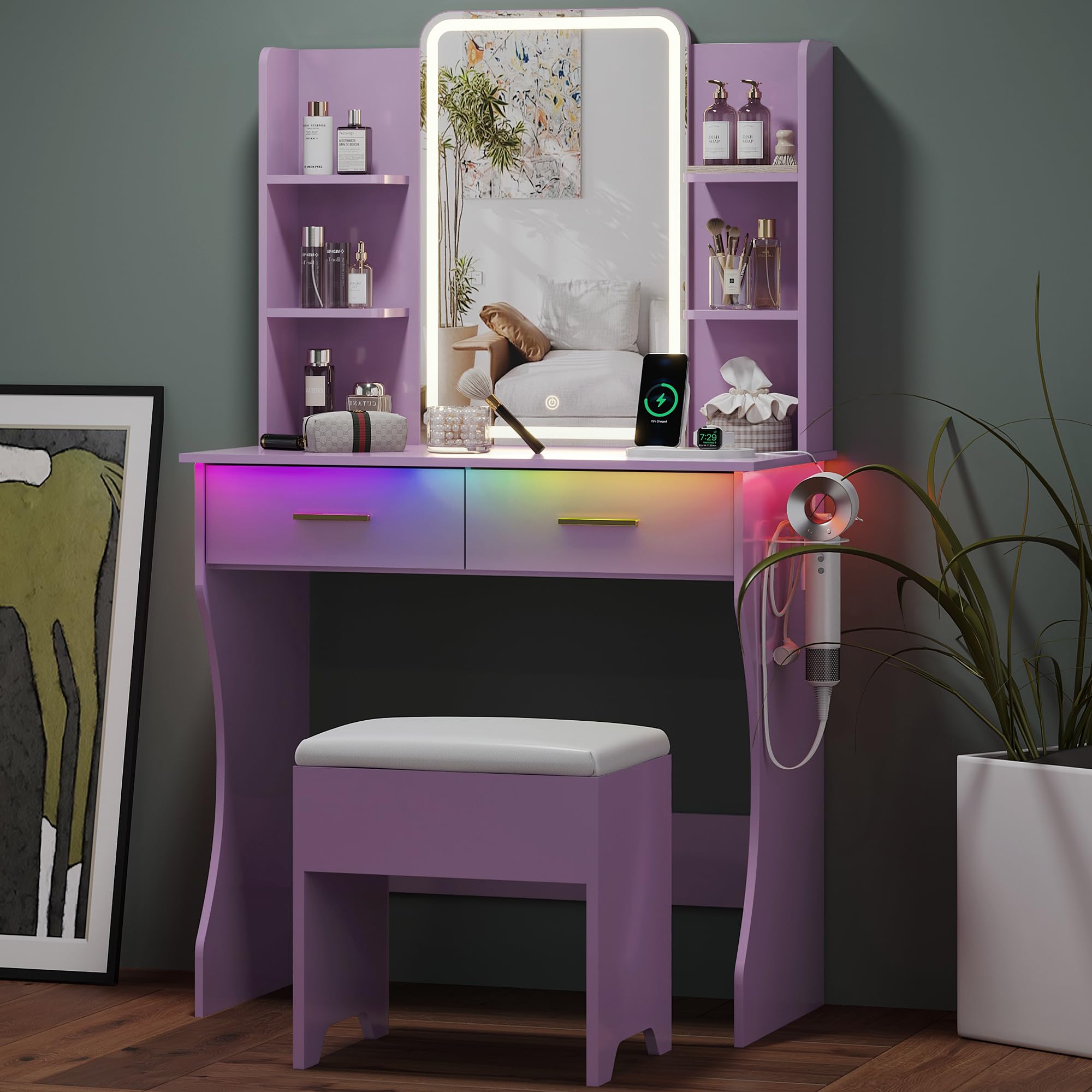 Small Vanity Desk with Mirror and Lights, Makeup Vanity with LED Lights, Purple Vanity Mirror with Lighted Desk and Chair, 3 Lig