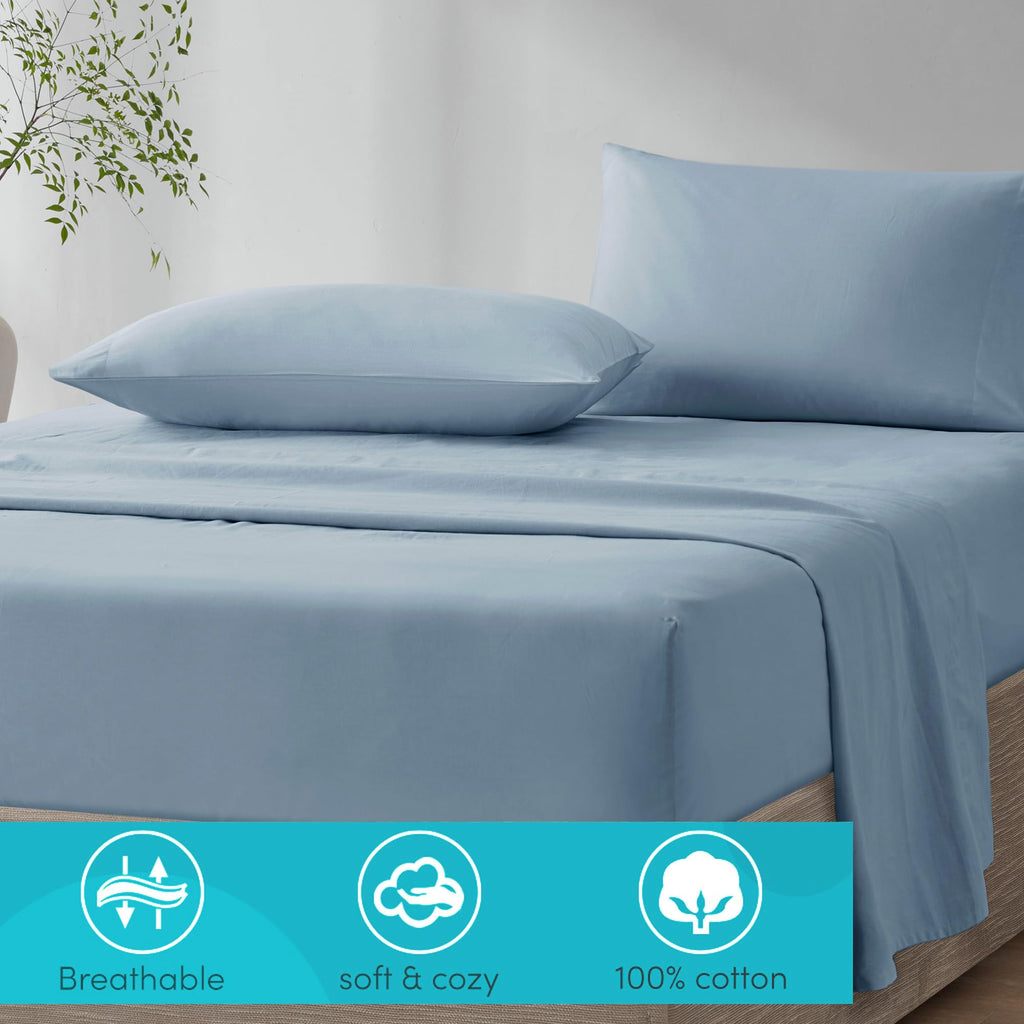 Comfort Spaces 100% Cotton Sheet Set Breathable, Lightweight, Soft With 14' Elastic Pocket Fits Up To 16' Mattress, All Season Cozy Bedding, Matching Pillow Case, Queen Blue 4 Piece