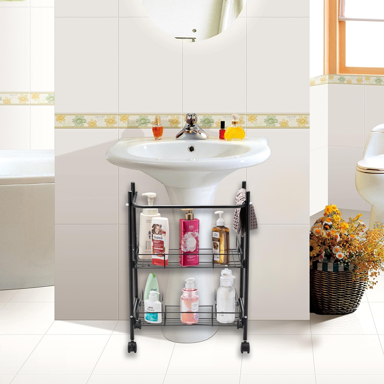 Kimzda 2Tier Under Sink Organizer Multipurpose Movable Rolling Cart Storage Cabinet Basket For Bathroom Kitchen With Hand Towel