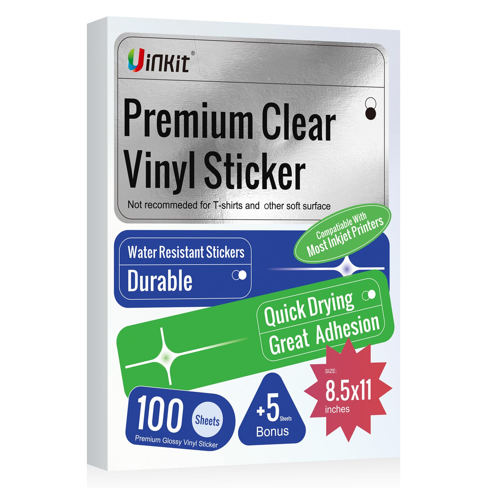 Uinkit 105Sheets Premium 90% Clear Vinyl Sticker Paper For Inkjet Printer - Include 100 Sheets Clear And 5Sheets Glossy Label Wa