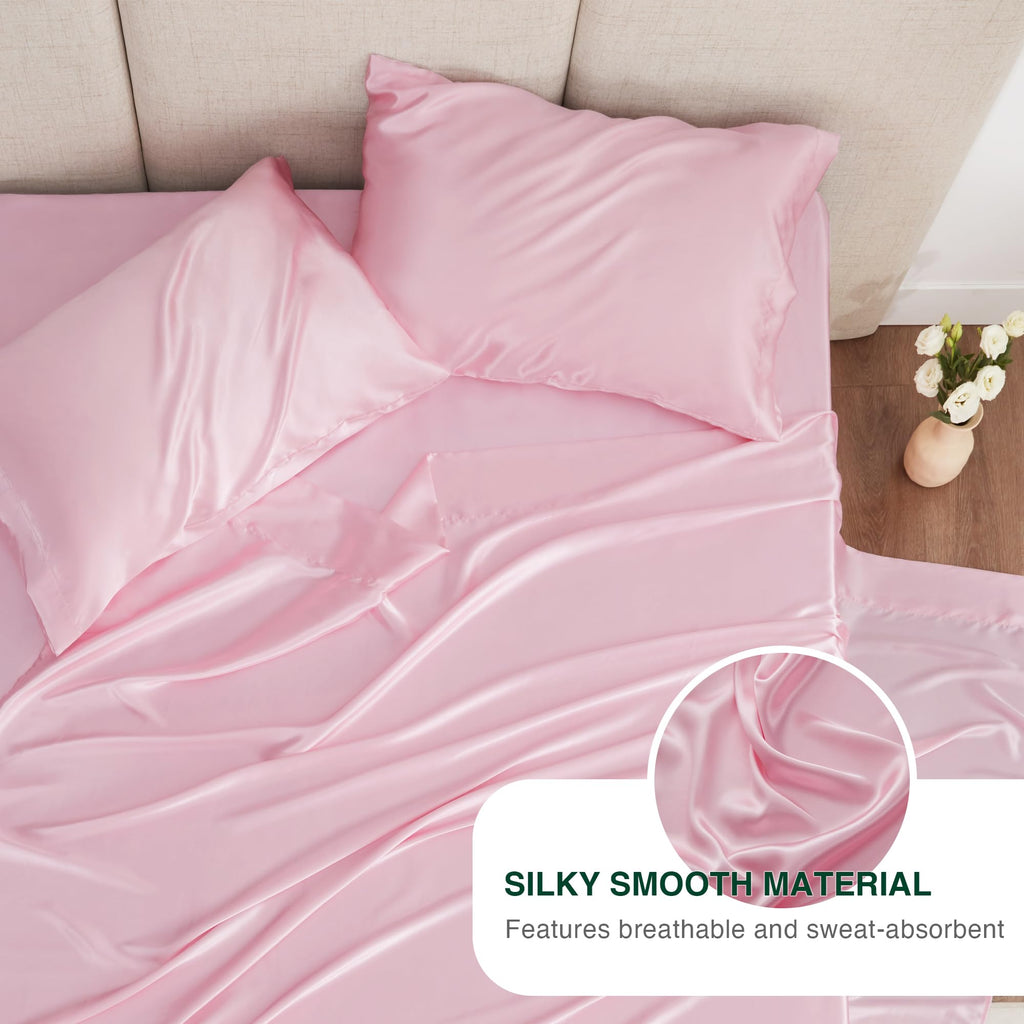 Love'S Cabin Twin Xl Satin Sheet Sets - 3 Piece Pink Silky Satin Bed Sheets With Deep Pockets, Luxury Silk Feel Satin Sheet Set Twin Xl (1 Flat Sheet,1 Fitted Sheet,1 Pillow Case)