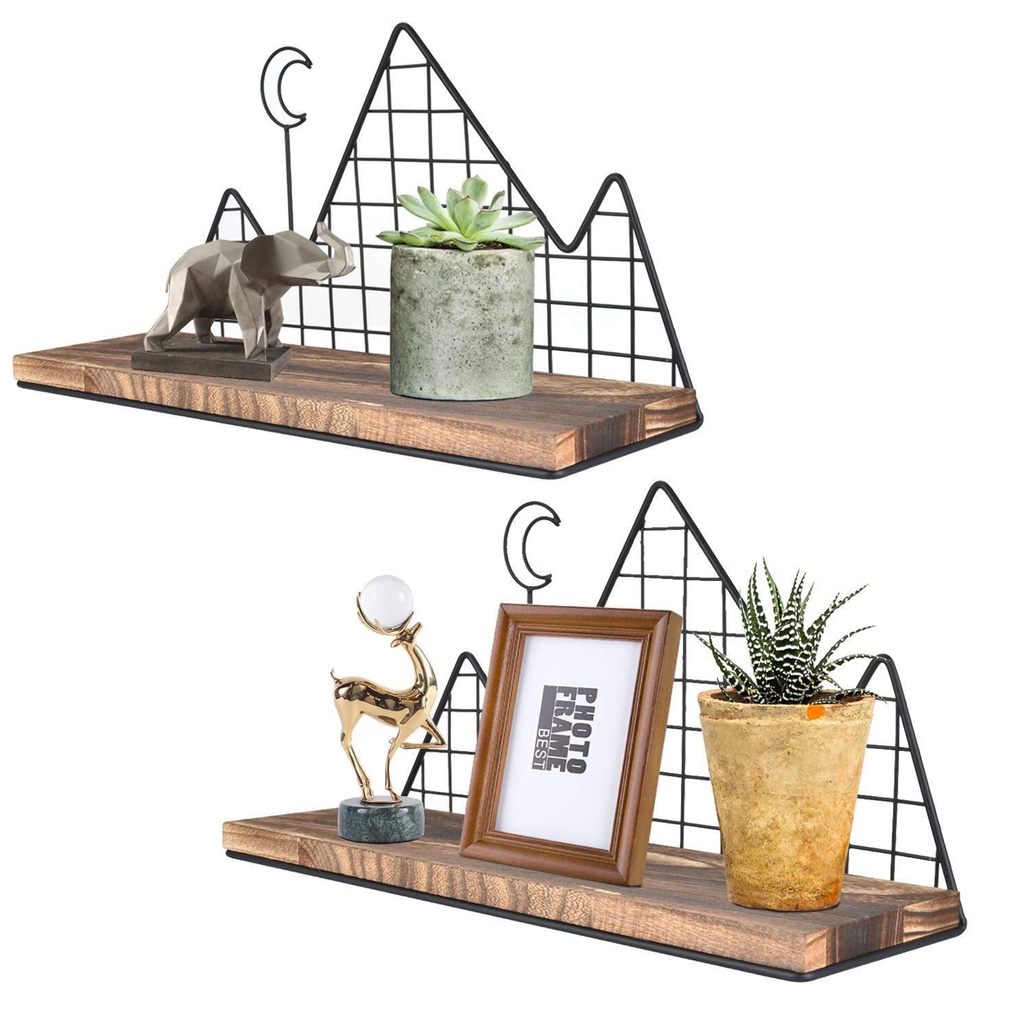 Homode Floating Shelves, Set of 2 Mountain Wall Shelves, Rustic Wood Display Storage Shelf with Metal Wire, Geometric Decor for 