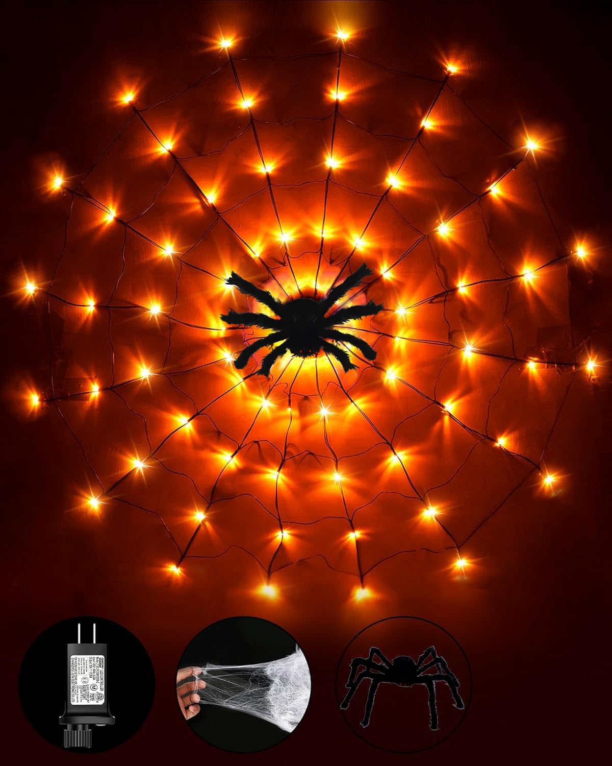 Halloween Decorations Spider Web Lights String Lights for Home, 4.9FT 96LED Waterproof Plugin Net Lights with 8 Modes & Timer, L