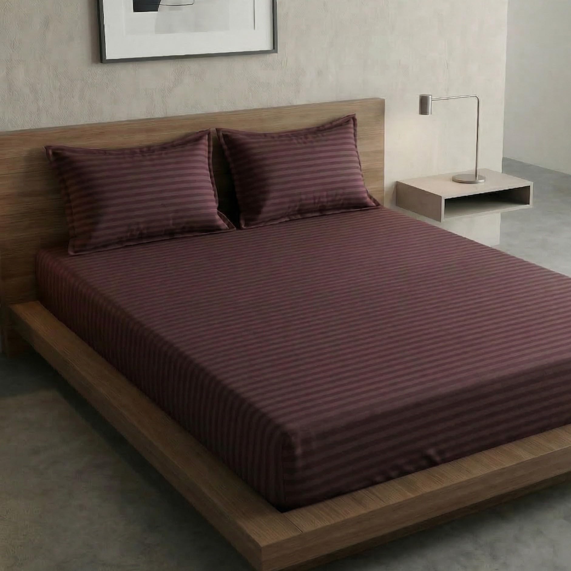 Home Sizzler Microfibre Brown Satin Stripe Elasticated Fitted Double Bedsheet (72X78 Inches) With 2 Pillow Covers