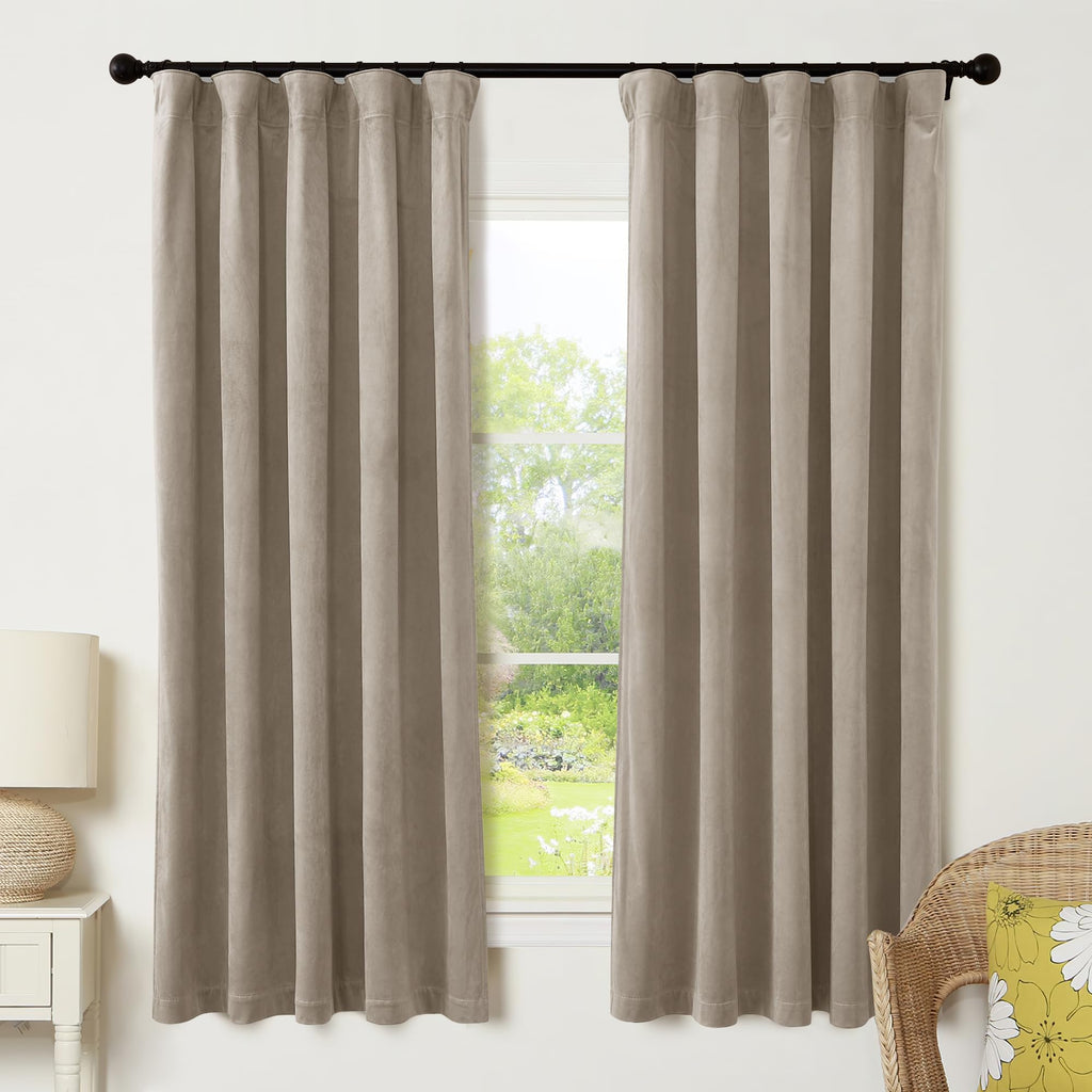 Ryb Home Camel Beige Velvet Curtains With Hook Tape, Thermal Insulated Privacy Protect Decorative Drapes For Home Theater, W 52 X L 72 Inches, 2 Panels Set