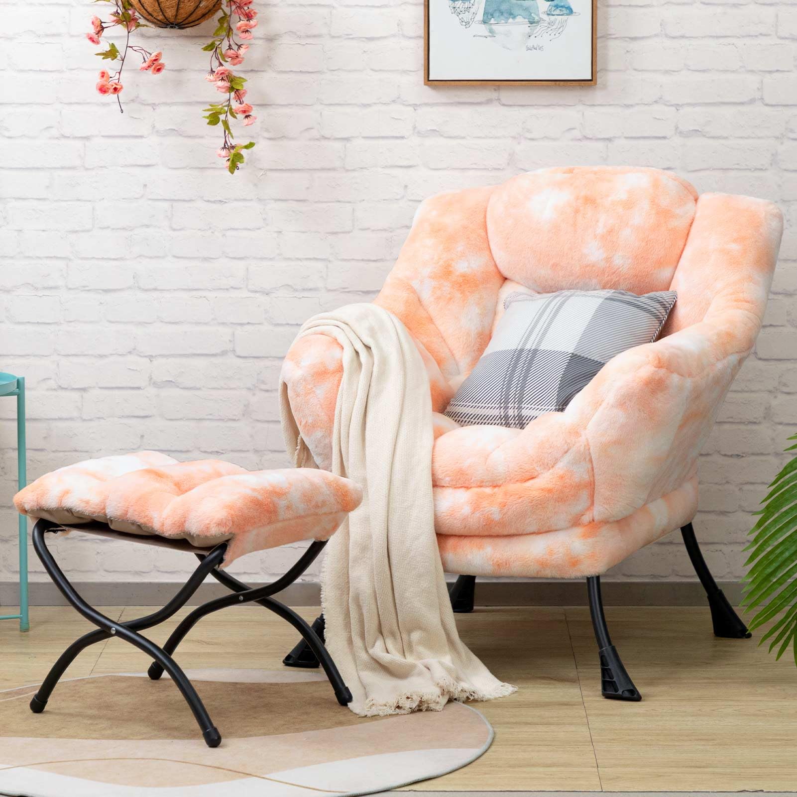 Hollyhome Faux-Fur Lazy Chair With Foldable Ottoman, Accent Comfy Lounge Arm Chair And Folding Footrest Stool Set, Leisure Sofa Reading Chair And Footstool For Living Room, Bedroom, Orange&White