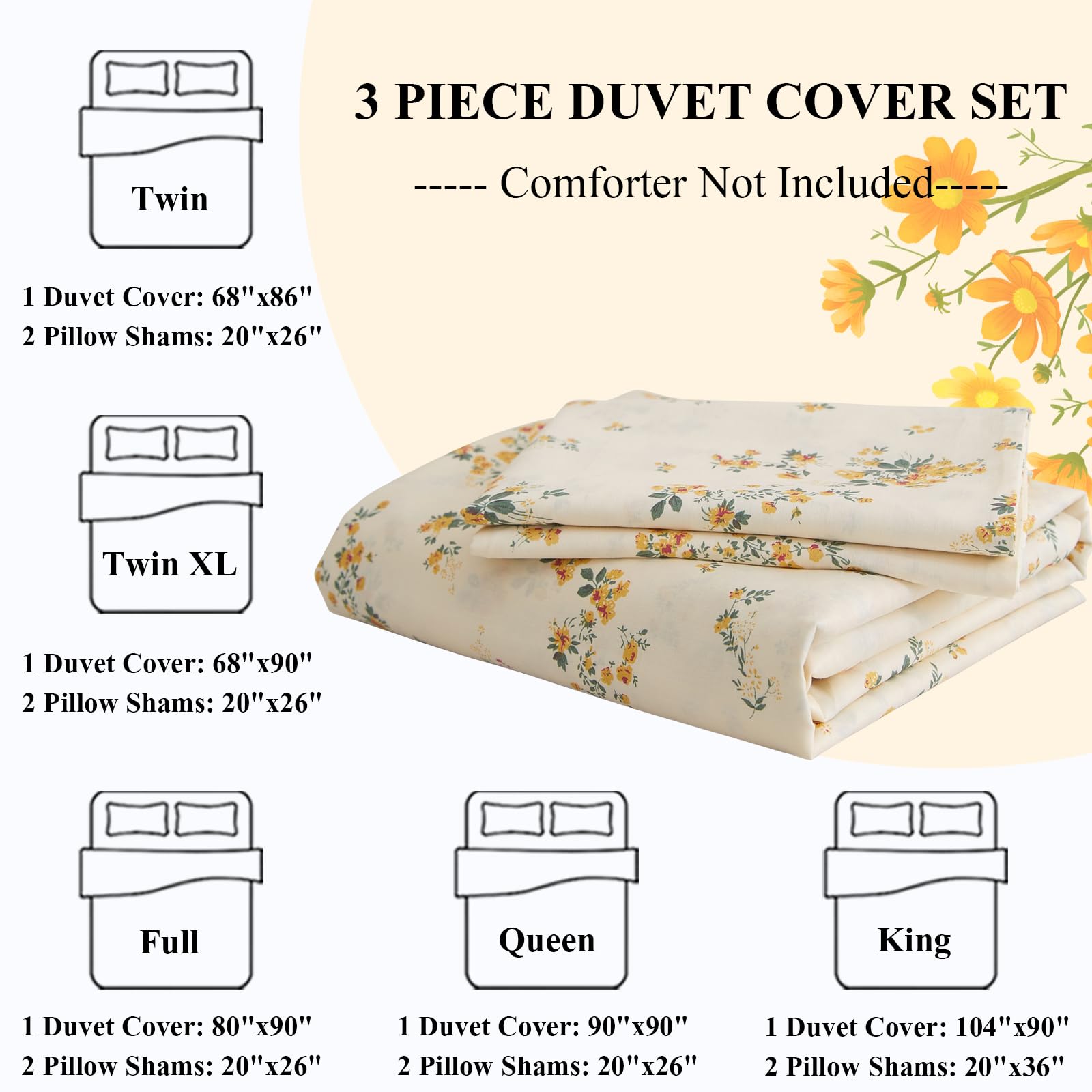 Lifetb Yellow Flower Duvet Cover Set Twin Girls Yellow Floral Duvet Cover Chic Garden Flower Bedding Sets Cotton Botanical Flora