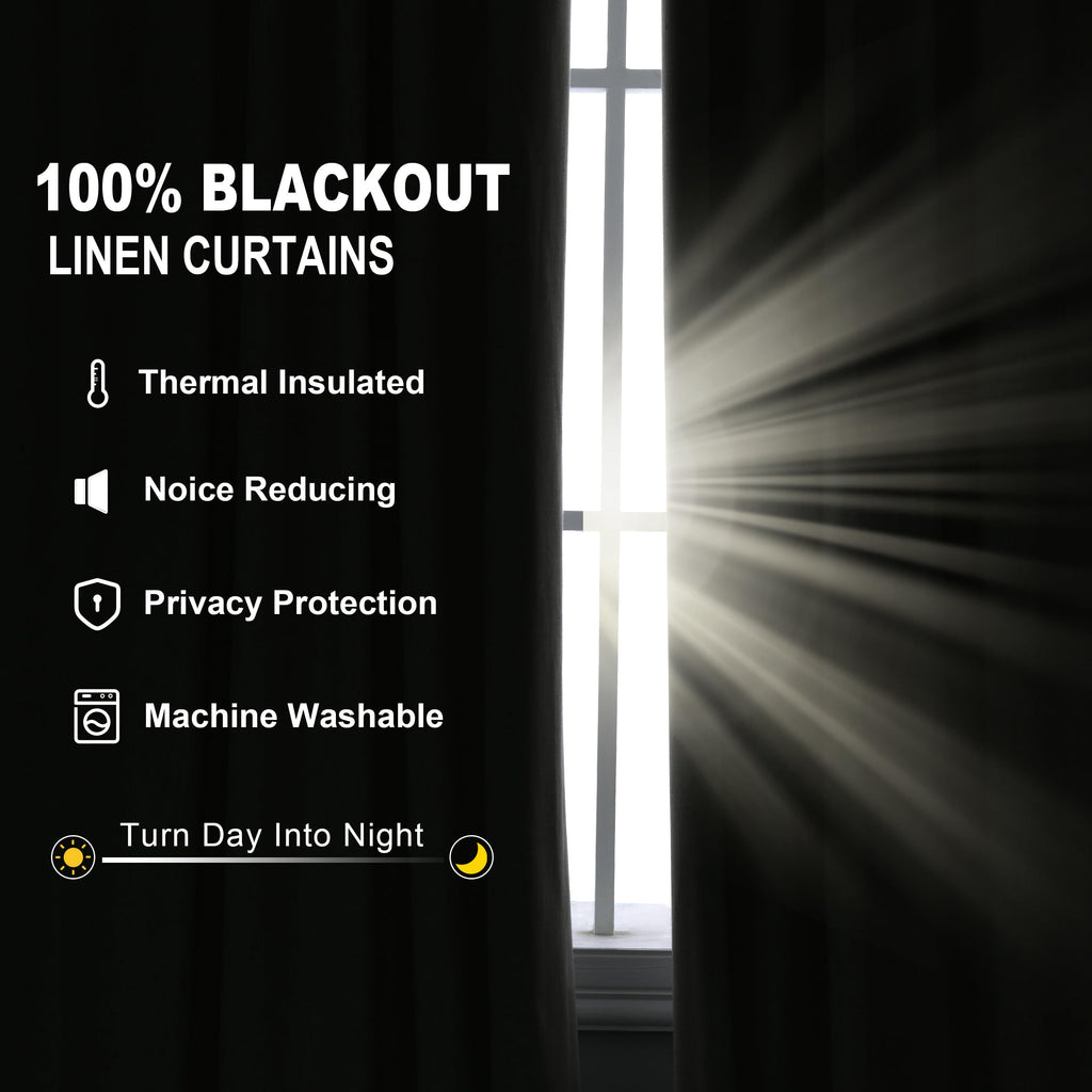 Jowels Cream Linen Blackout Curtains 84 Length 2 Panels Set For Living Room Bedroom, 100% Black Out Thermal Insulated Linen Drap