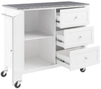 Crosley Furniture Soren Granite Top Rolling Kitchen Island Cart, Microwave Stand, Coffee Bar, With Shelves, White