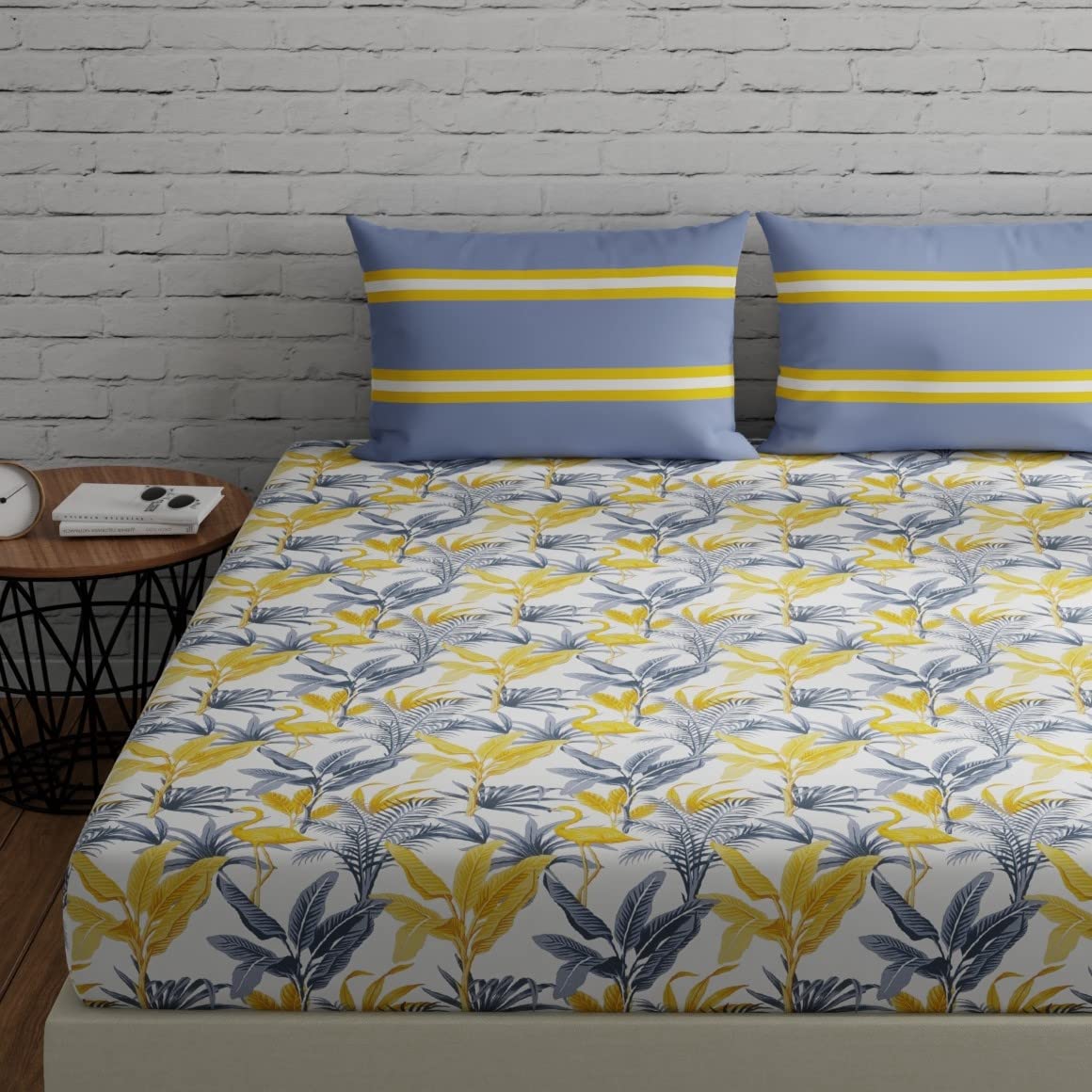 Huesland By Ahmedabad Cotton 144 Tc Bedsheet King Size Cotton With 2 Pillow Covers | 108X108 Inch | Flamingos & Stripes Grey & Y