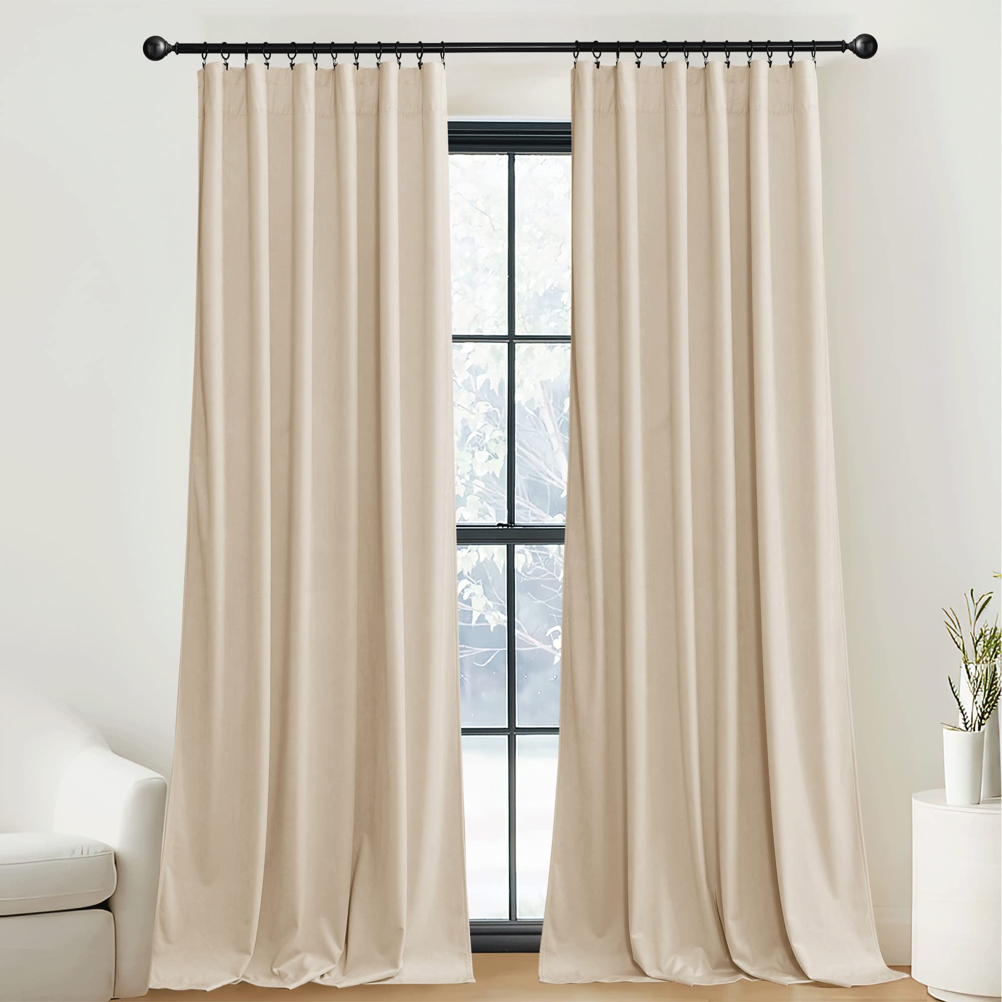 Nicetown Beige Velvet Curtains Long Drapes, Living Room Office Luxury Bedroom Room Darkening Velvet Curtains, Rod Pocket Velvet