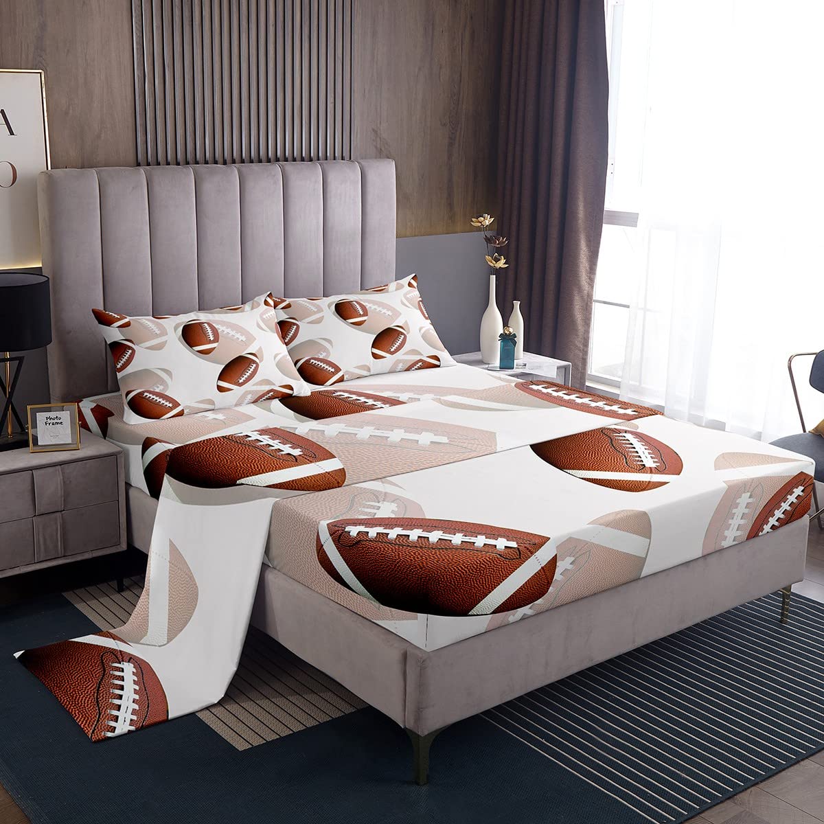Feelyou Football Rugby Bed Sheet Set Kids American Football Bedding Sheets for Boys Girls Sports Theme Decor Bedding Fitted Shee