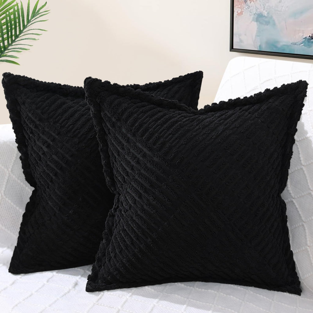 decorUhome Decorative Black Throw Pillow Covers 26x26 Set of 2 with Splicing, Boho Soft Corduroy Broadside Twill Pillow Covers f