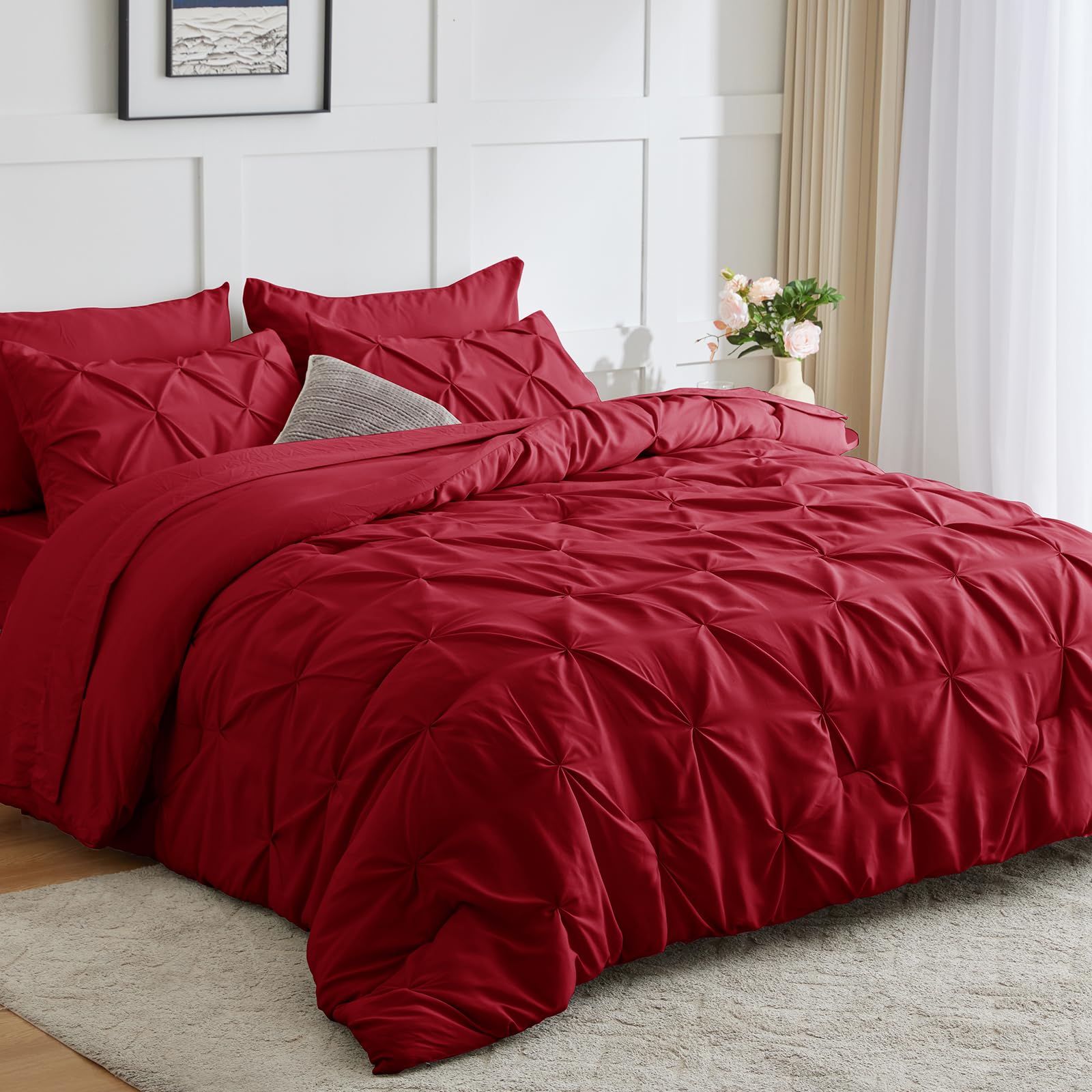 Cozylux Red Comforter Full - 7 Pieces Bed In A Bag Dark Red, Pintuck Full Size Comforter Sets Pinch Pleat Bedding Sets With All