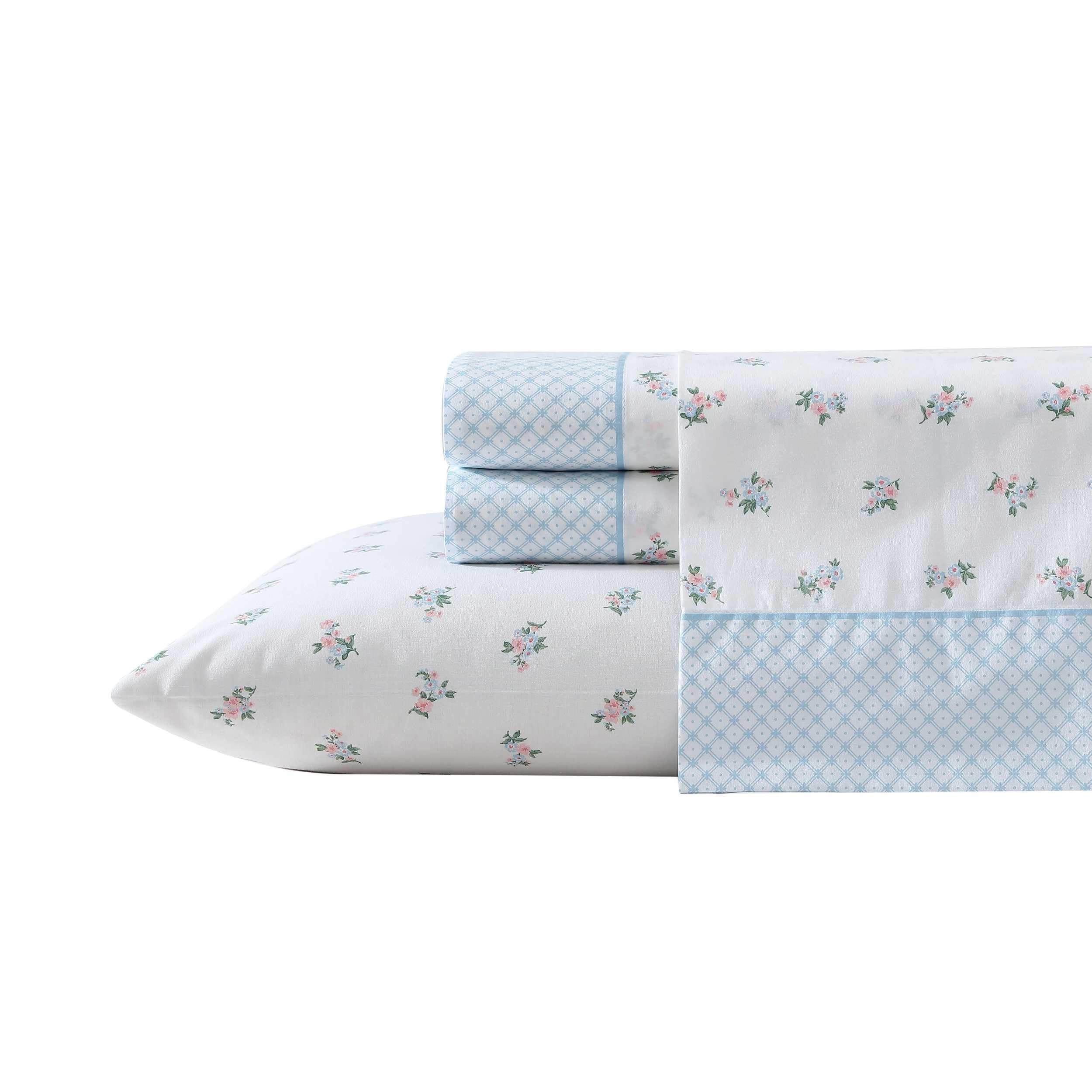 Laura Ashley - Sheet Set, Breathable Percale Cotton Bedding, 200 Thread Count, Deep Pocket, Chic Home Decor (Harperette Blue, Tw