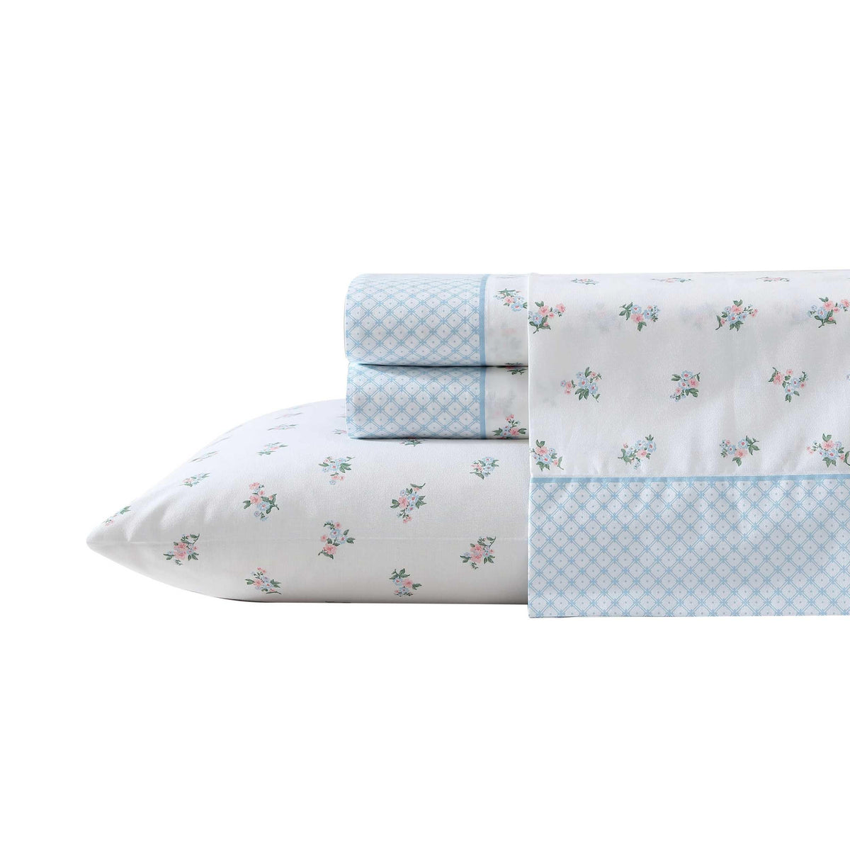 Laura Ashley - Sheet Set, Breathable Percale Cotton Bedding, 200 Thread Count, Deep Pocket, Chic Home Decor (Harperette Blue, Ki