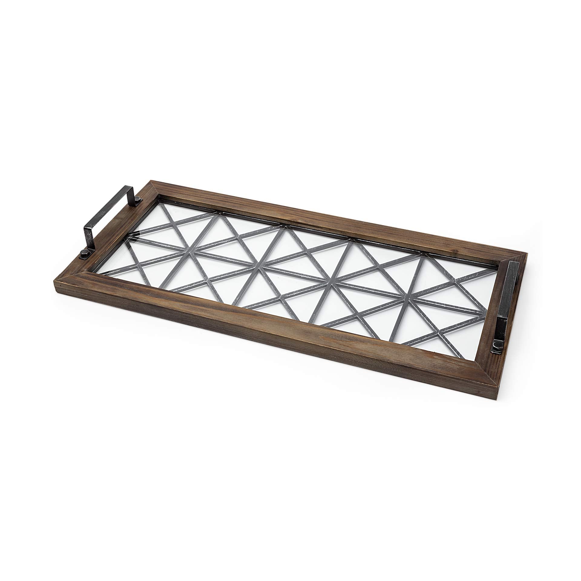 HomeRoots Brown Wood with Geometrically Metal Frame and Glass Bottom Tray