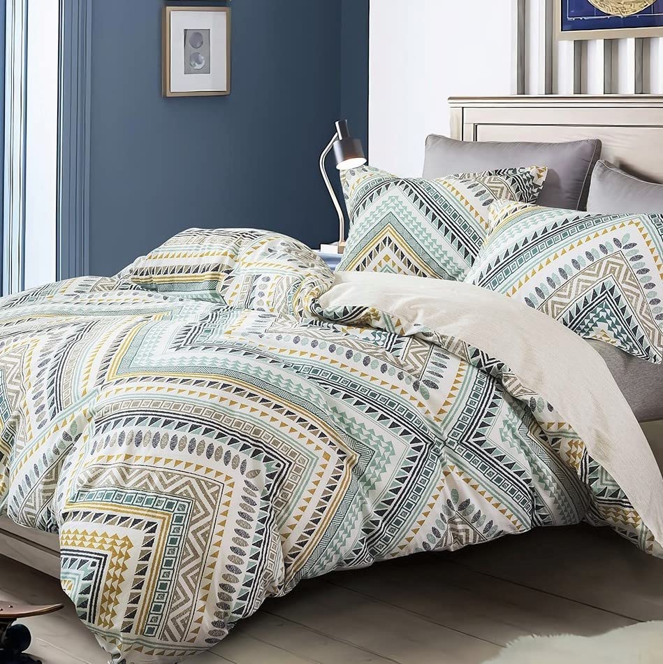 Sleepbella Comforter King Size, 600 Thread Count Cotton Yellow & Dark Blue Bohemian Pattern Printed On White Reversible Comforte