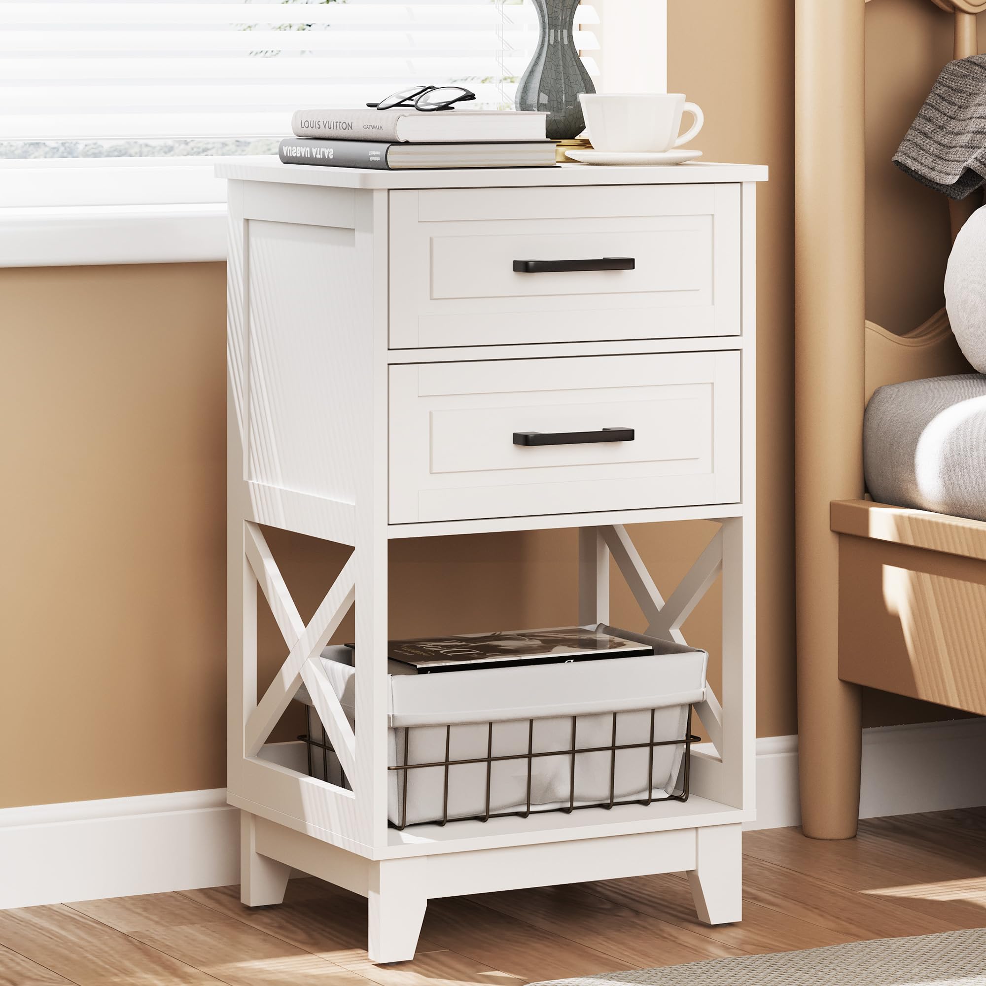 RoyalCraft Tall Nightstand, White Side Table with 2 Drawers and Open Shelf Below, Bedside Table with Solid Feet, Modern Night St