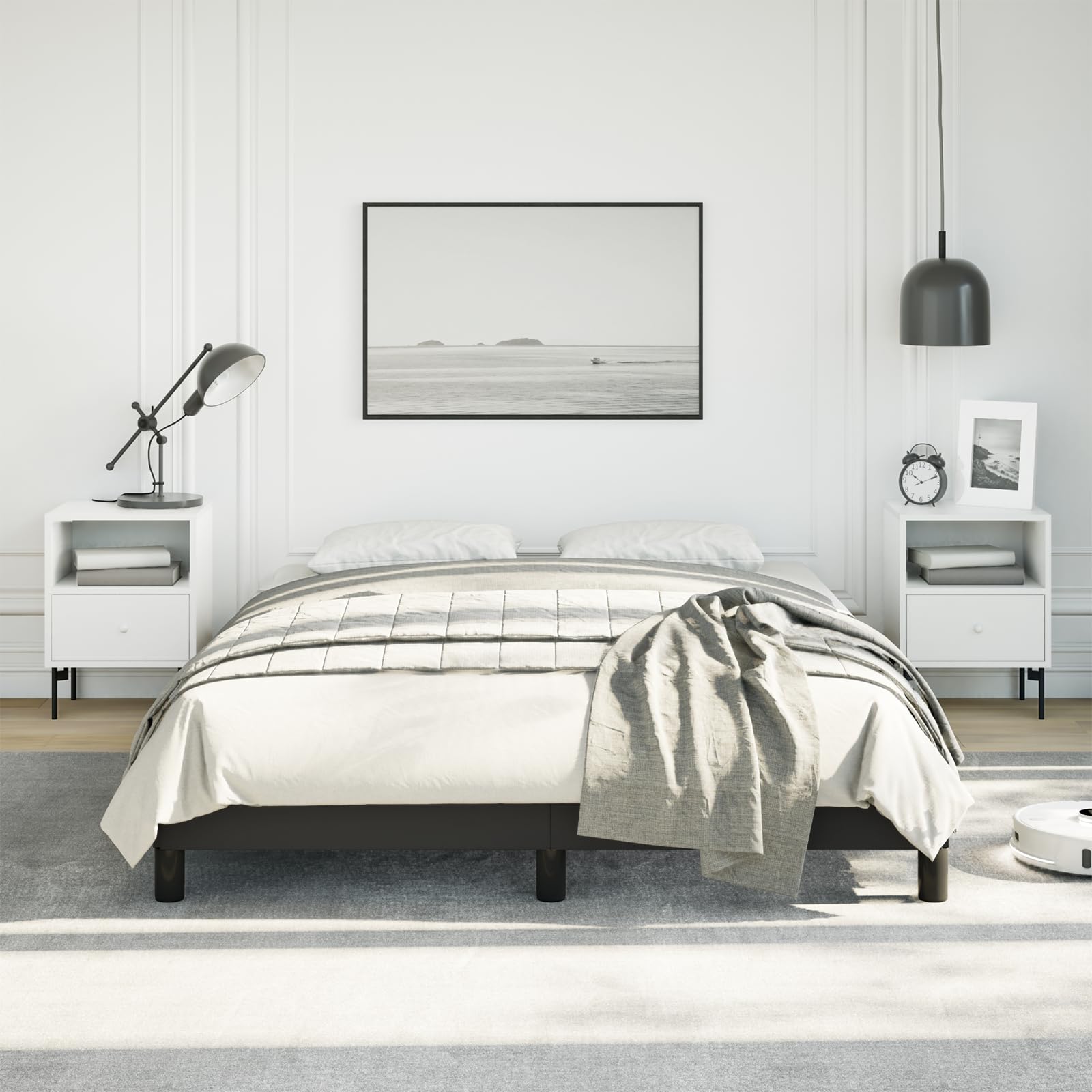 vidaXL Black Full Size Bed Frame with Plywood Slats, Faux Leather Upholstered, No Box Spring Needed, Easy Assembly