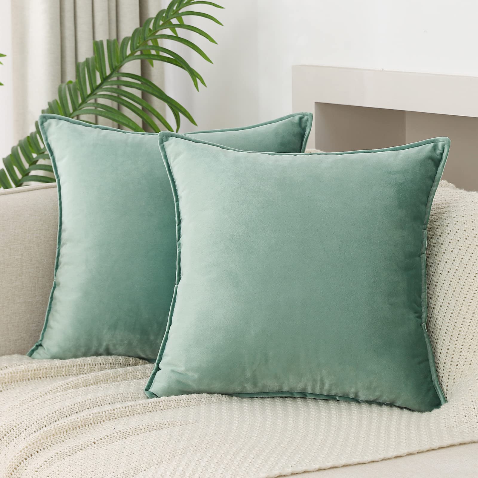 Jiahannha Velvet Sage Green Throw Pillow Covers Pack Of 2 Decorative Soft For Couch Sofa Bedroom Livingroom Car 16  16 Inches