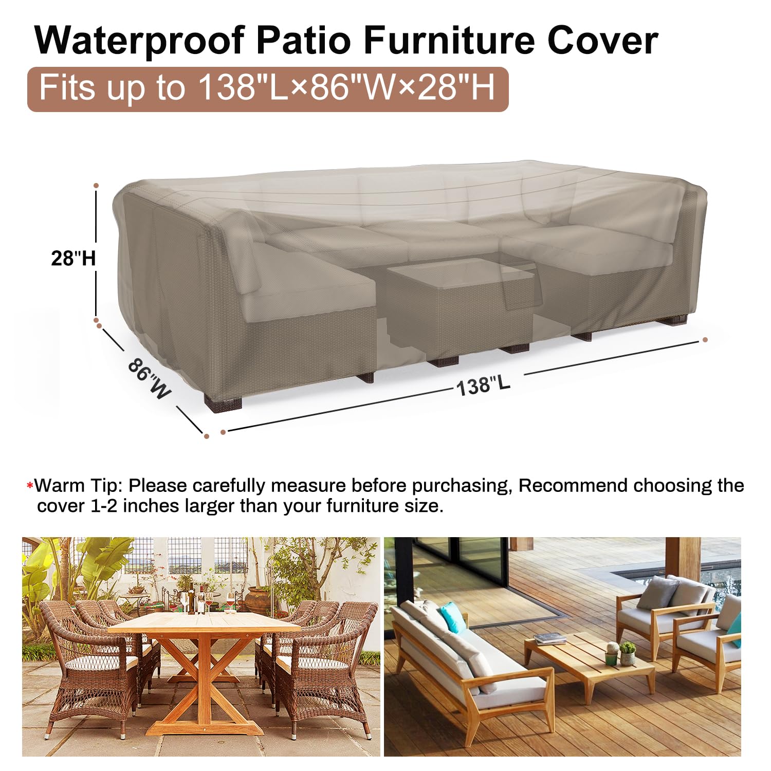 Mrrihand Heavy Duty Patio Furniture Covers, Outdoor Furniture Covers Waterproof Sectional Sofa Set , Patio Table And Chair Set Cover 138'L×86'W×28'H,Brown