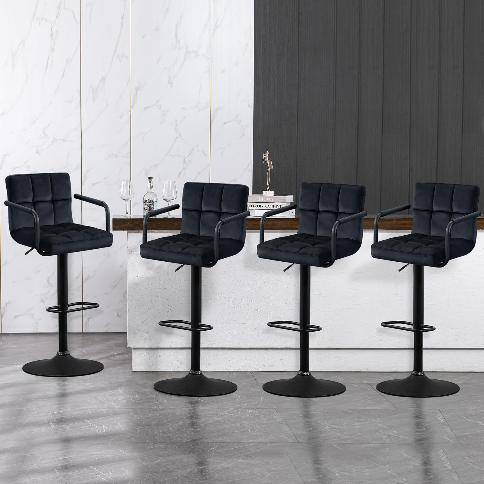 Furniliving Swivel Bar Stools Set of 4, Adjustable Kitchen Counter Height BarStools with Arms, Velvet Upholstered Bar Chair with