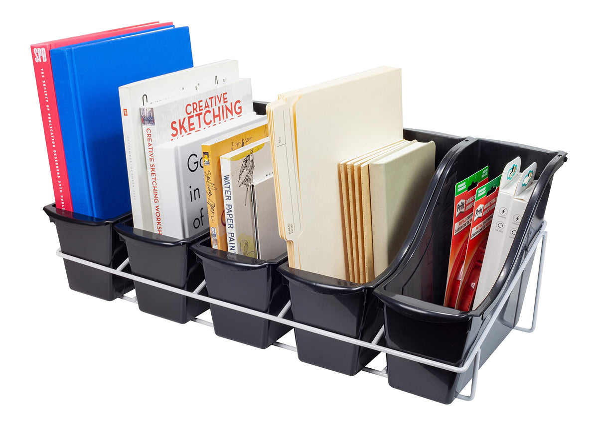 Storex Small Book Bins, Set of 5 Bins, Metal Shelf Rack Included, Black (71152U01C)